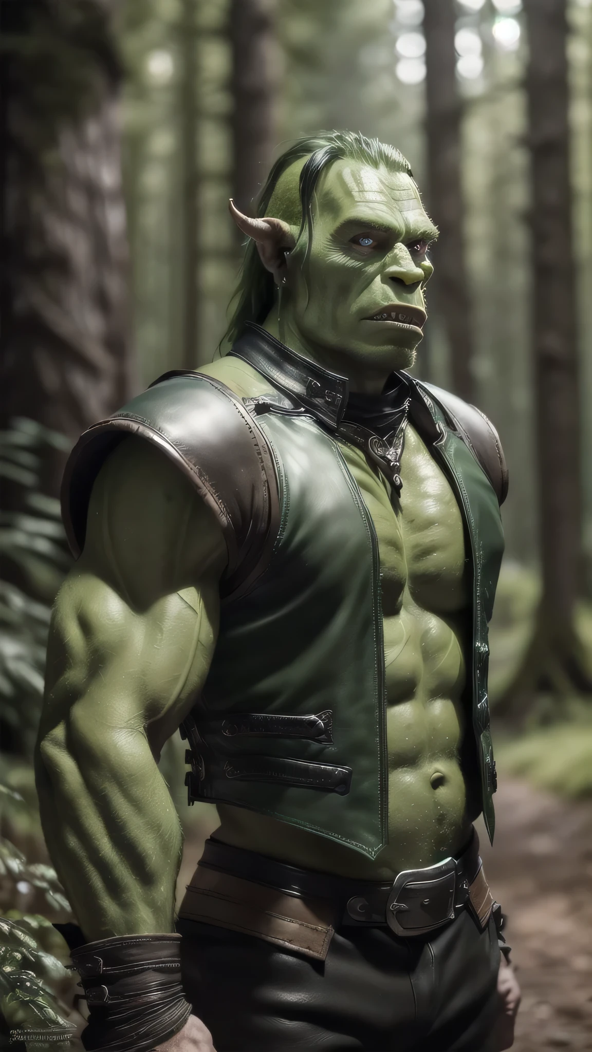 (masterpiece), (extremely intricate:1.3), (realistic), (((scrawny, green skinned orc, ork), black leather vest, moss)), outdoors, metal reflections, ((black forest, tall trees)), professional photograph, soft focus, dramatic, award winning, cinematic lighting, volumetrics dtx, (film grain, blurry background, blurry foreground, bokeh, depth of field), 8K