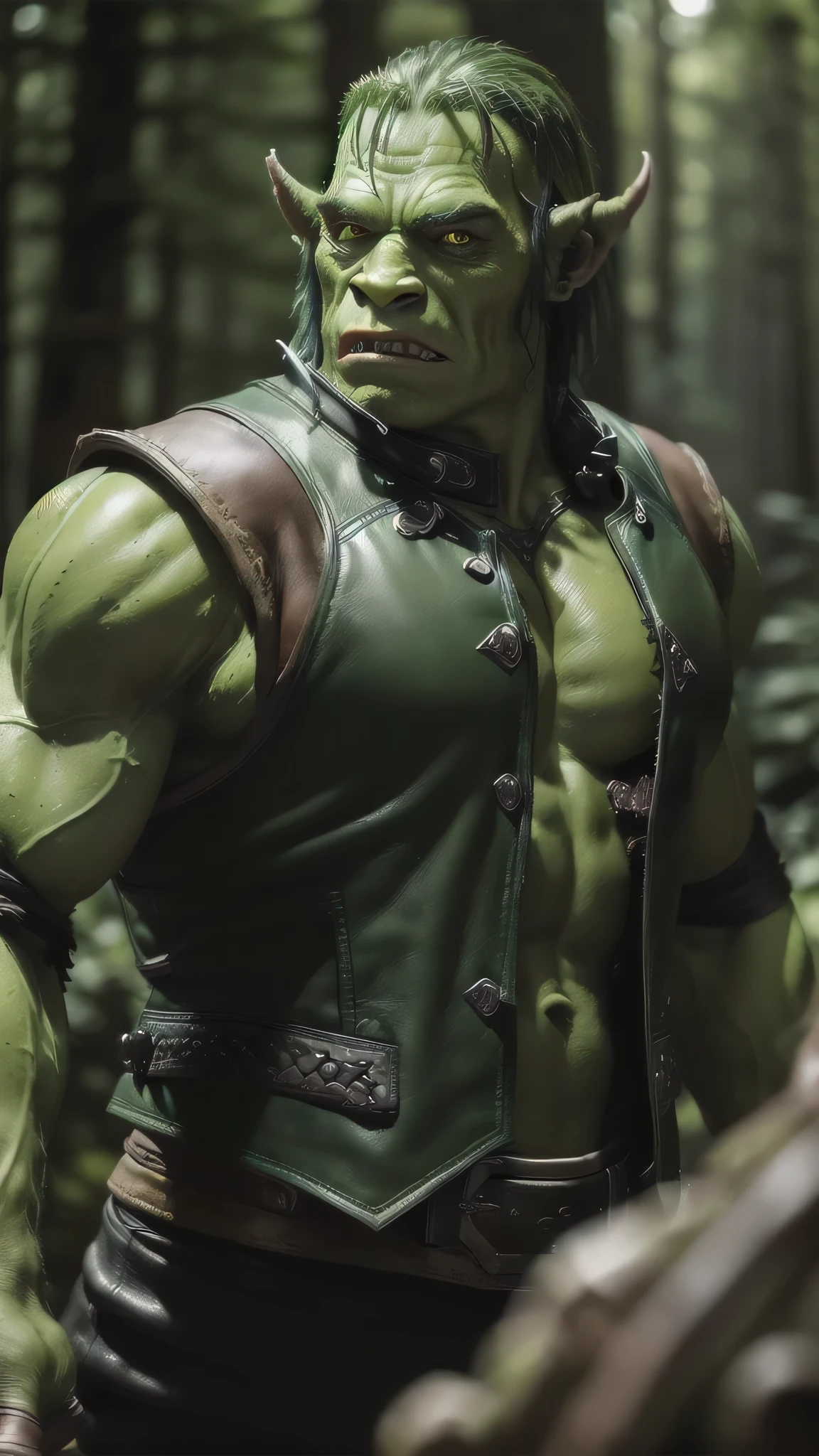 (masterpiece), (extremely intricate:1.3), (realistic), (((scrawny, green skinned orc, ork), black leather vest, moss)), outdoors, metal reflections, ((black forest, tall trees)), professional photograph, soft focus, dramatic, award winning, cinematic lighting, volumetrics dtx, (film grain, blurry background, blurry foreground, bokeh, depth of field), 8K