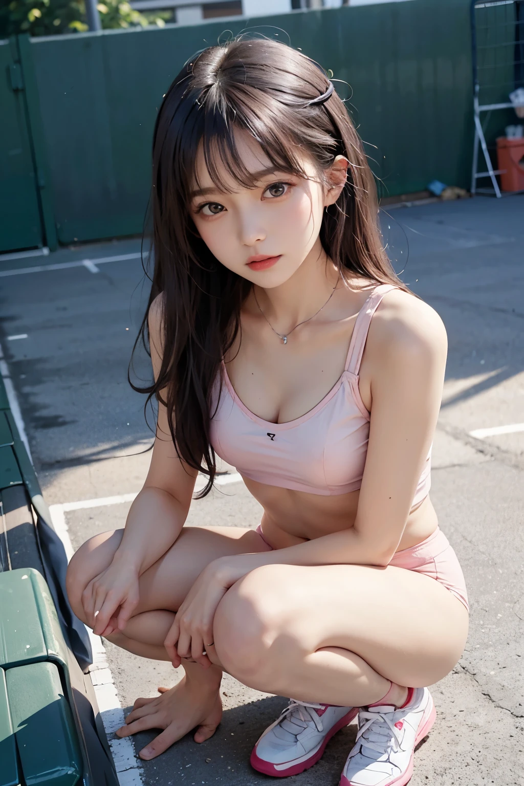 Best quality,raw photo  , ************ korean female idol, from above , face focus , face closeup  breast cleavage,selfie, leaning forward, Squatting ,tennis wear,Light pink underwear,pink underwear ,cute face  ,edgy,droop ,clavicle , overflowing  ,selfie, pale skin, rain,night, Slim figure,Are thin,Small Bust,Small breasts,Small breasts，Flat Chest,Thin torso，Small waist、Small hips,Small waist骨，Attractive eyes,Thin string underwear,Light pink underwear,Semi-long hair,Wearing tennis clothes,Sit with your legs apart,Standing posture,Sit on a chair,