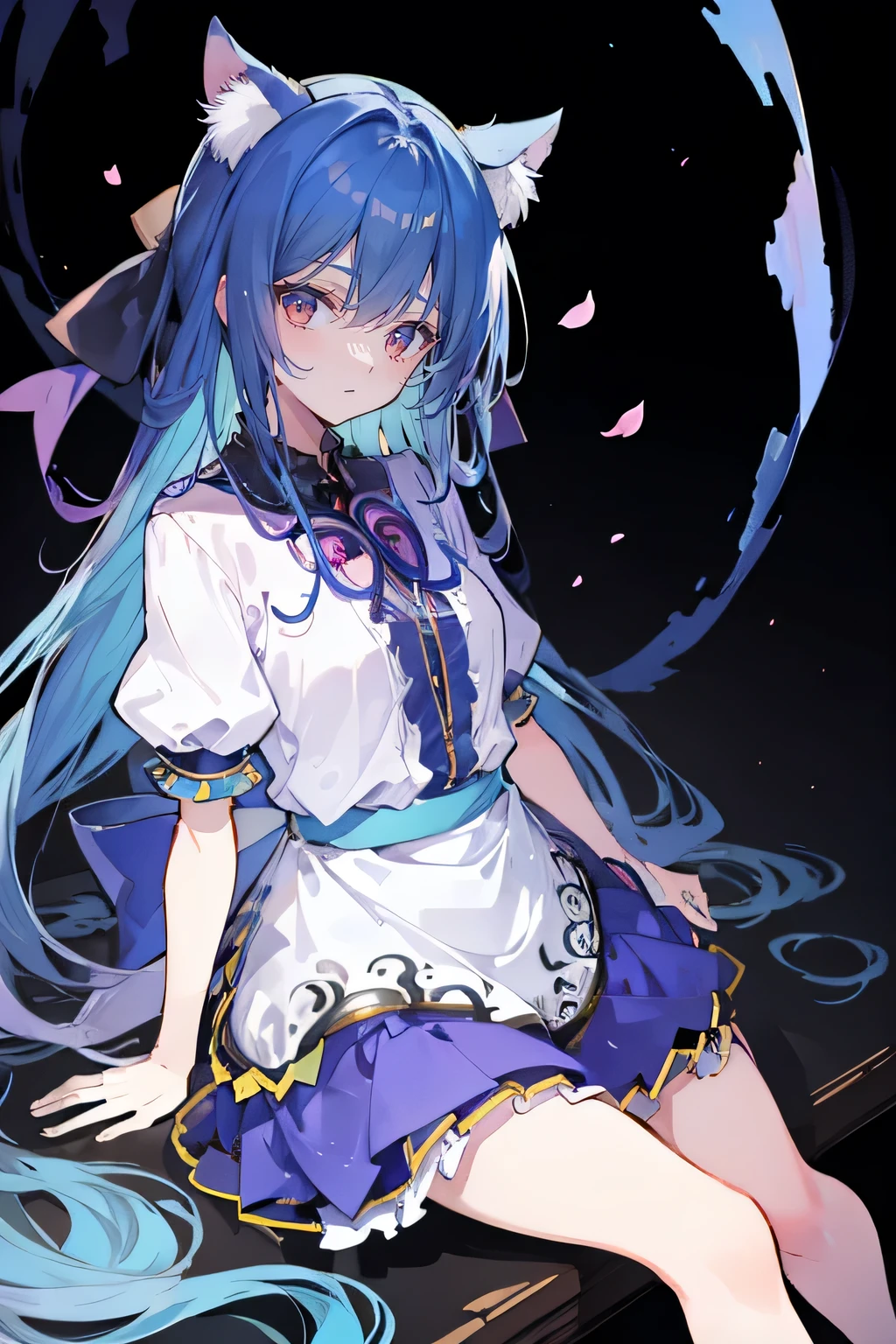 (masterpiece:1.2),ultra-detailed,realistic,expressive eyes,fair-skinned,perfectly shaped face,1girl,
Japanese cartoons,Gorgeous blue hair, flowing blue hair,floating clothes,cat ears,petals falling,beautiful Lola,Hina Angel,
hands on waist,gracefully sitting on the ground,legs crossed,gentle and serene background,cool and comfortable pavilion,shy face ,night .