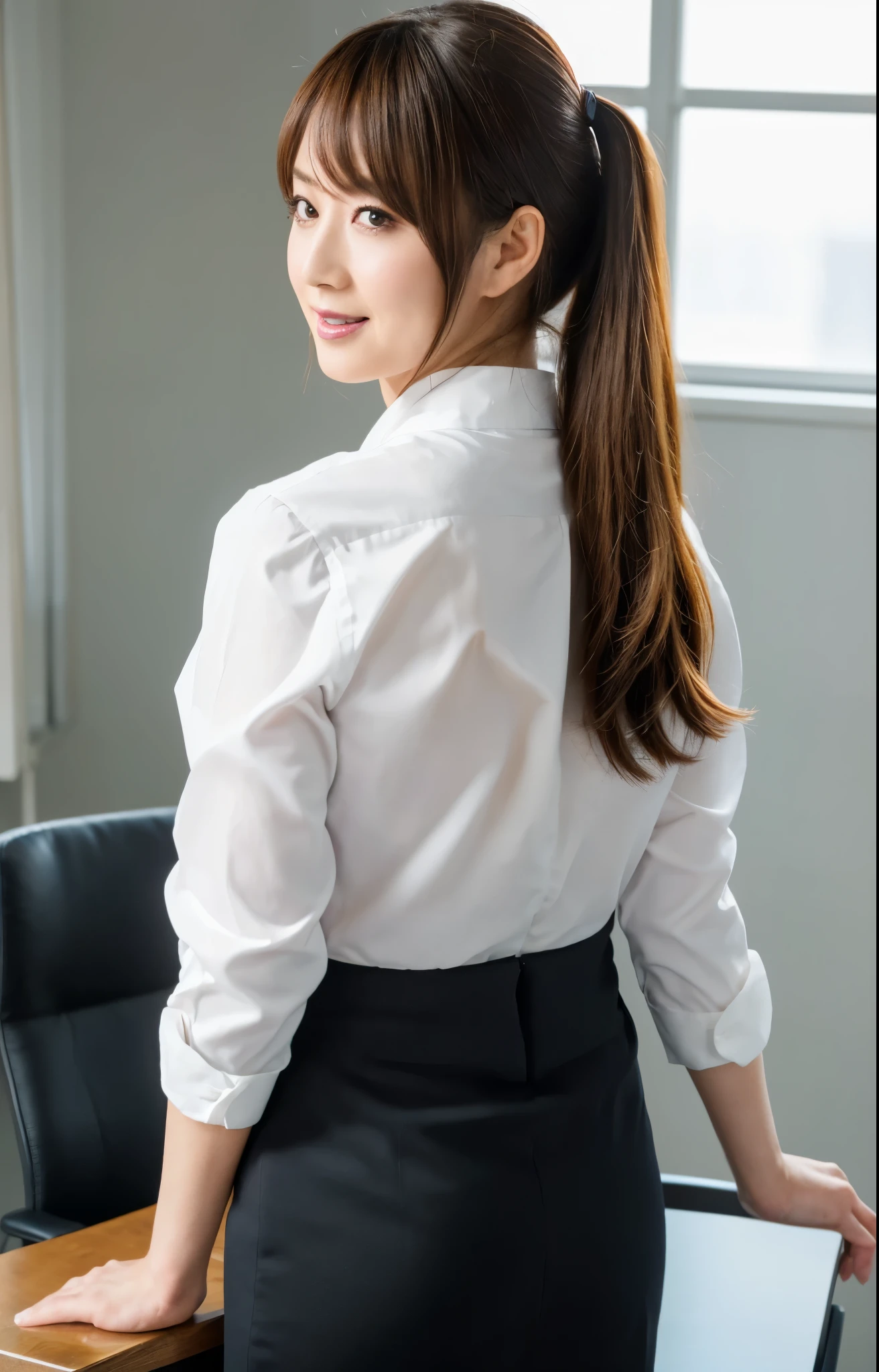 (Best quality, 8k, 32k, Masterpiece, UHD:1.2), from behind, 1 walking girl, beautiy Japanese office lady, (smile:0.5), (looking at the the viewer), 30 years old, bit chubby, white shirt, black skirt, office room, desk, detailed beautiful face, twin-tail hair, from below,