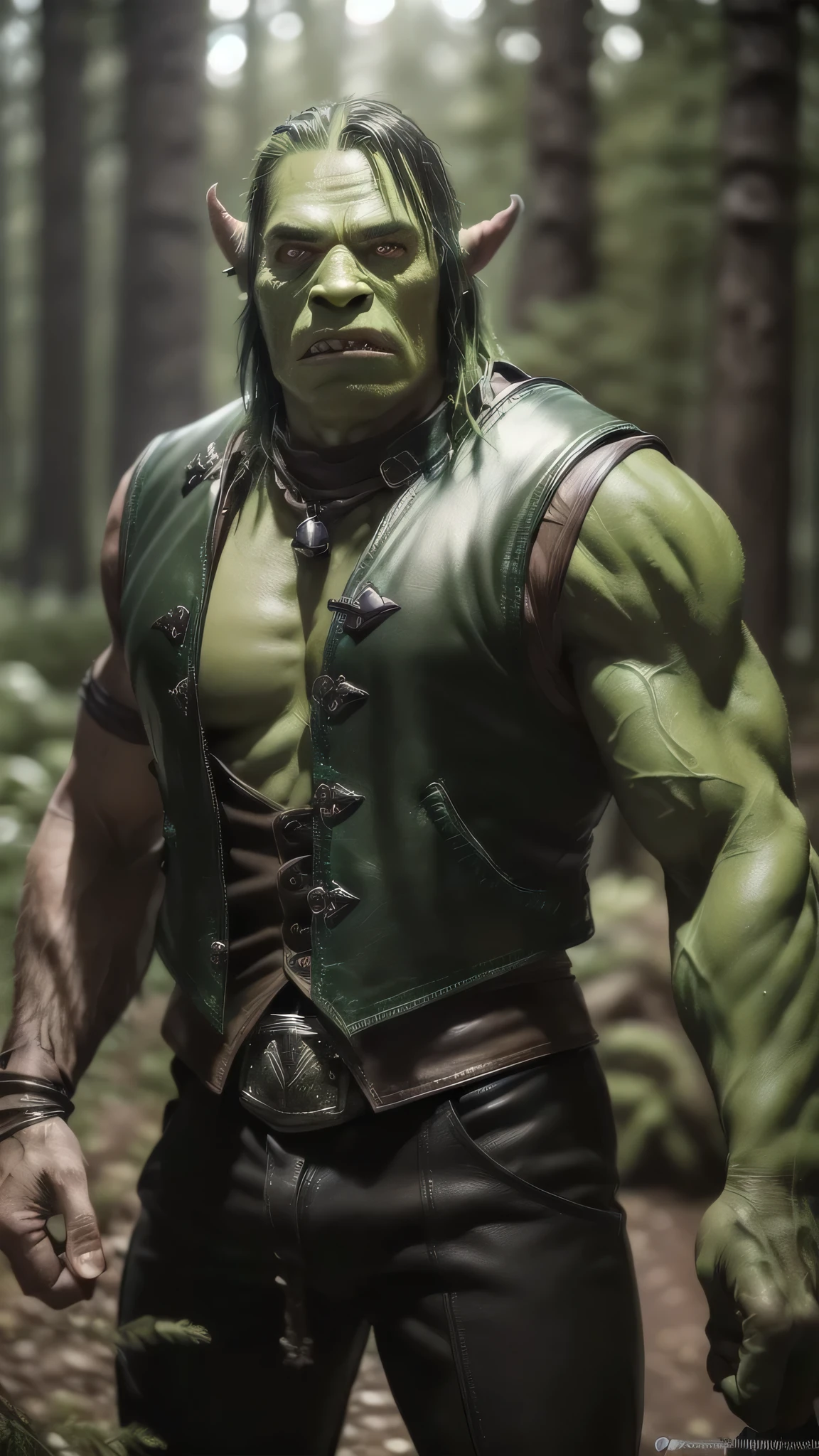 (masterpiece), (extremely intricate:1.3), (realistic), (((scrawny, green skinned orc, ork), black leather vest, moss)), outdoors, metal reflections, ((black forest, tall trees)), professional photograph, soft focus, dramatic, award winning, cinematic lighting, volumetrics dtx, (film grain, blurry background, blurry foreground, bokeh, depth of field), 8K