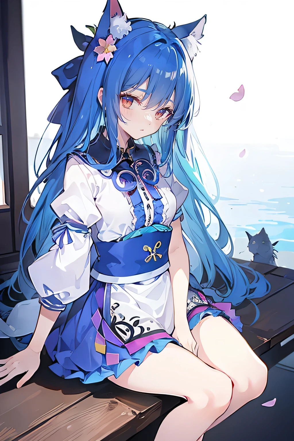 (masterpiece:1.2),ultra-detailed,realistic,expressive eyes,fair-skinned,perfectly shaped face,1girl,
Japanese cartoons,Gorgeous blue hair, flowing blue hair,floating clothes,cat ears,petals falling,beautiful Lola,Hina Angel,
hands on waist,gracefully sitting on the ground,legs crossed,gentle and serene background,cool and comfortable pavilion,shy face ,night .