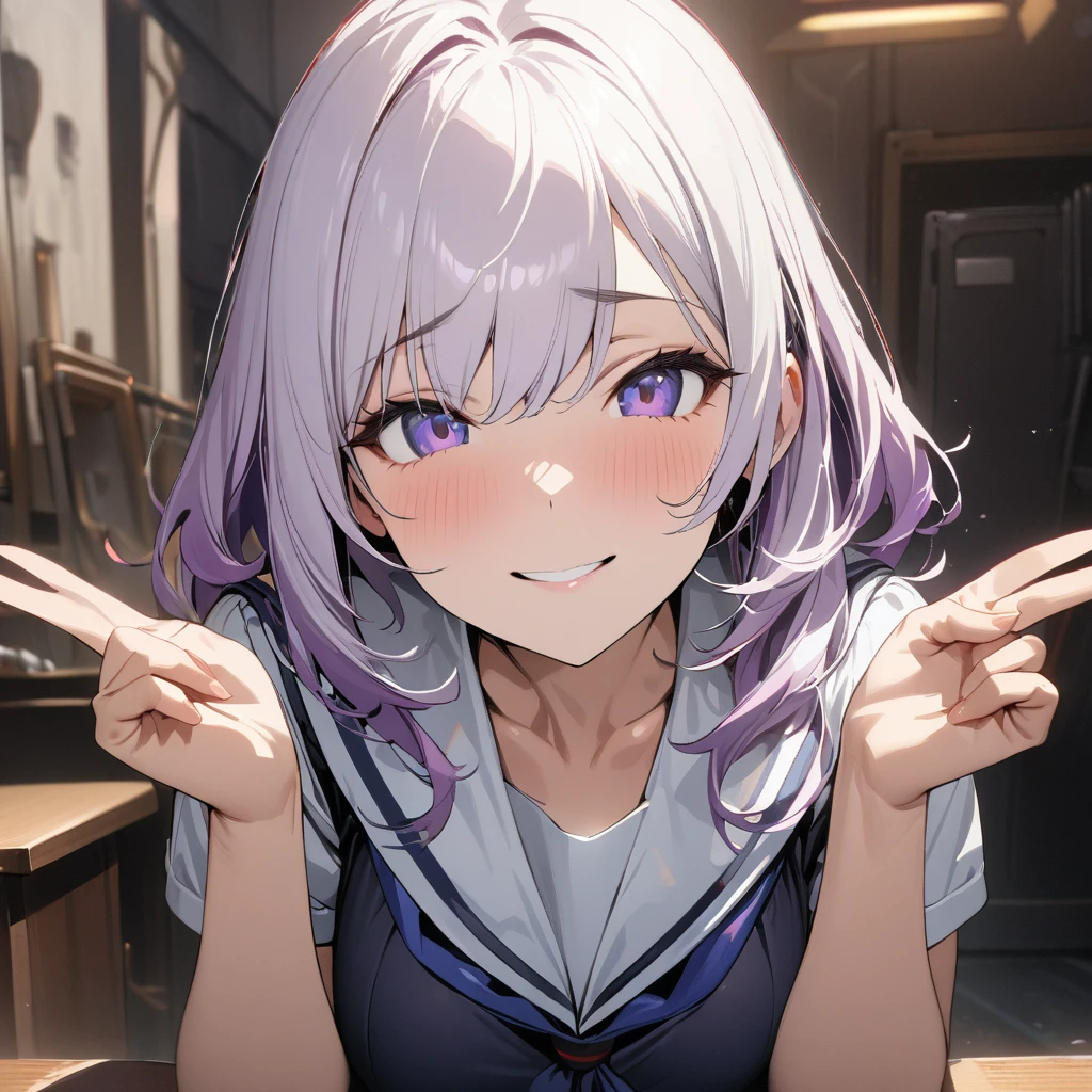 1girl, solo,pov,White hair,purple hair large breasts, portrait, looking at viewer, indoors, depth of field, (masterpiece), (best quality), (ultra-detailed), very aesthetic, illustration, perfect composition, intricate details, absurdres,(Sailor Uniform),(v-v),(hands up),(on face) (Smile)