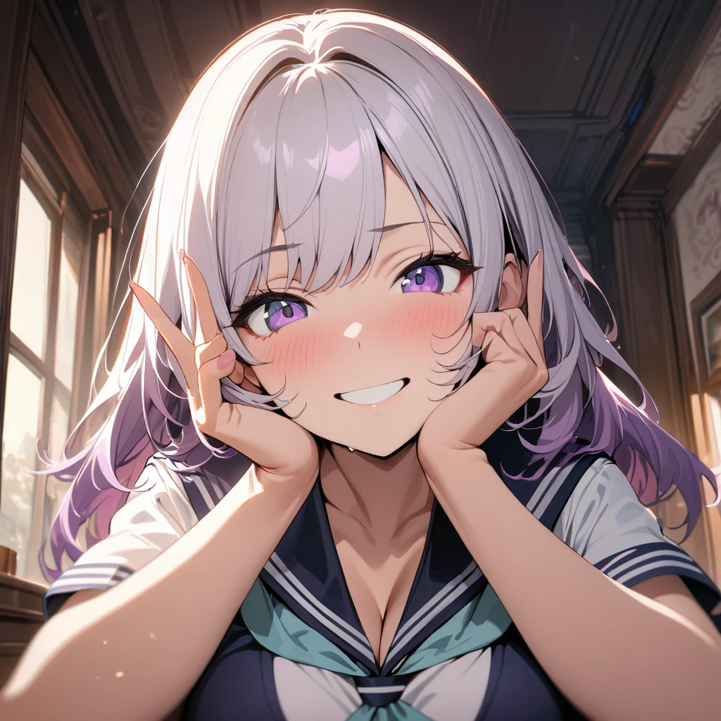 1girl, solo,pov,White hair,purple hair large breasts, portrait, looking at viewer, indoors, depth of field, (masterpiece), (best quality), (ultra-detailed), very aesthetic, illustration, perfect composition, intricate details, absurdres,(Sailor Uniform),(v-v),(hands up),(on face) (Smile)