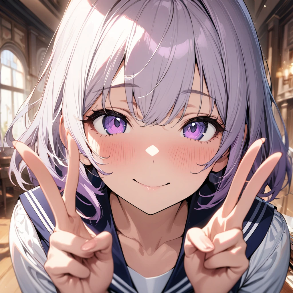 1girl, solo,pov,White hair,purple hair large breasts, portrait, looking at viewer, indoors, depth of field, (masterpiece), (best quality), (ultra-detailed), very aesthetic, illustration, perfect composition, intricate details, absurdres,(Sailor Uniform),(v-v),(hands up),(on face) (Smile)