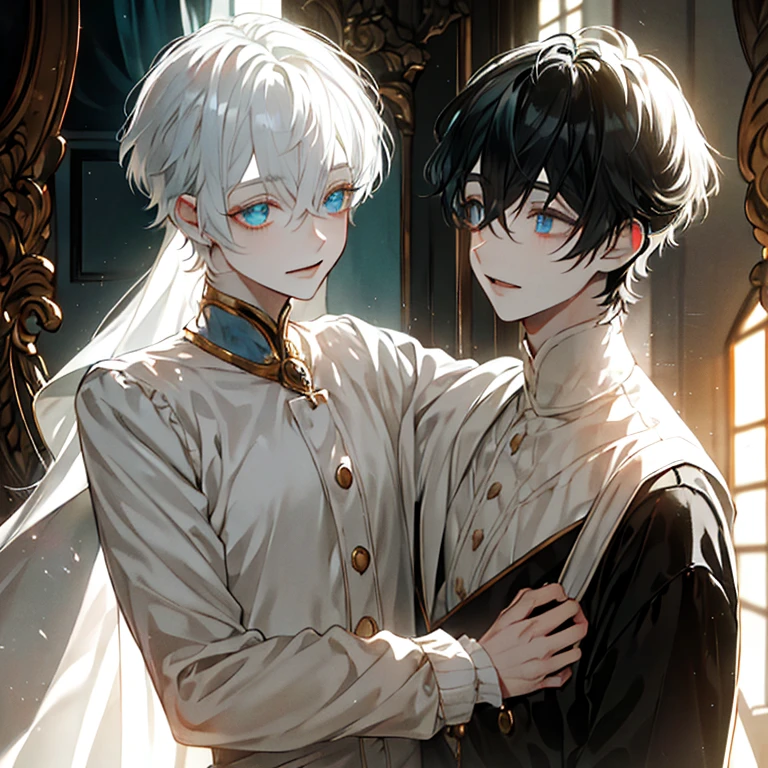 Two-dimensional Characters: In this illustration, we have two charming boys, one with white hair and one with black hair, both portrayed with beautiful details. The White-haired Boy, with his Big, expressive eyes and Pale, radiant complexion, is delicately rendered. Inside the regal Palace, under the Bright sunlight that shines in through the majestic windows, the White-haired Boy tenderly holds the Black-haired Boy in a loving embrace. The scene is marked by intricate details, bolstered by the warm lighting and vibrant colors that engulf the two-dimensional figures, making for a captivating and engaging image. (Magazine: 1.3