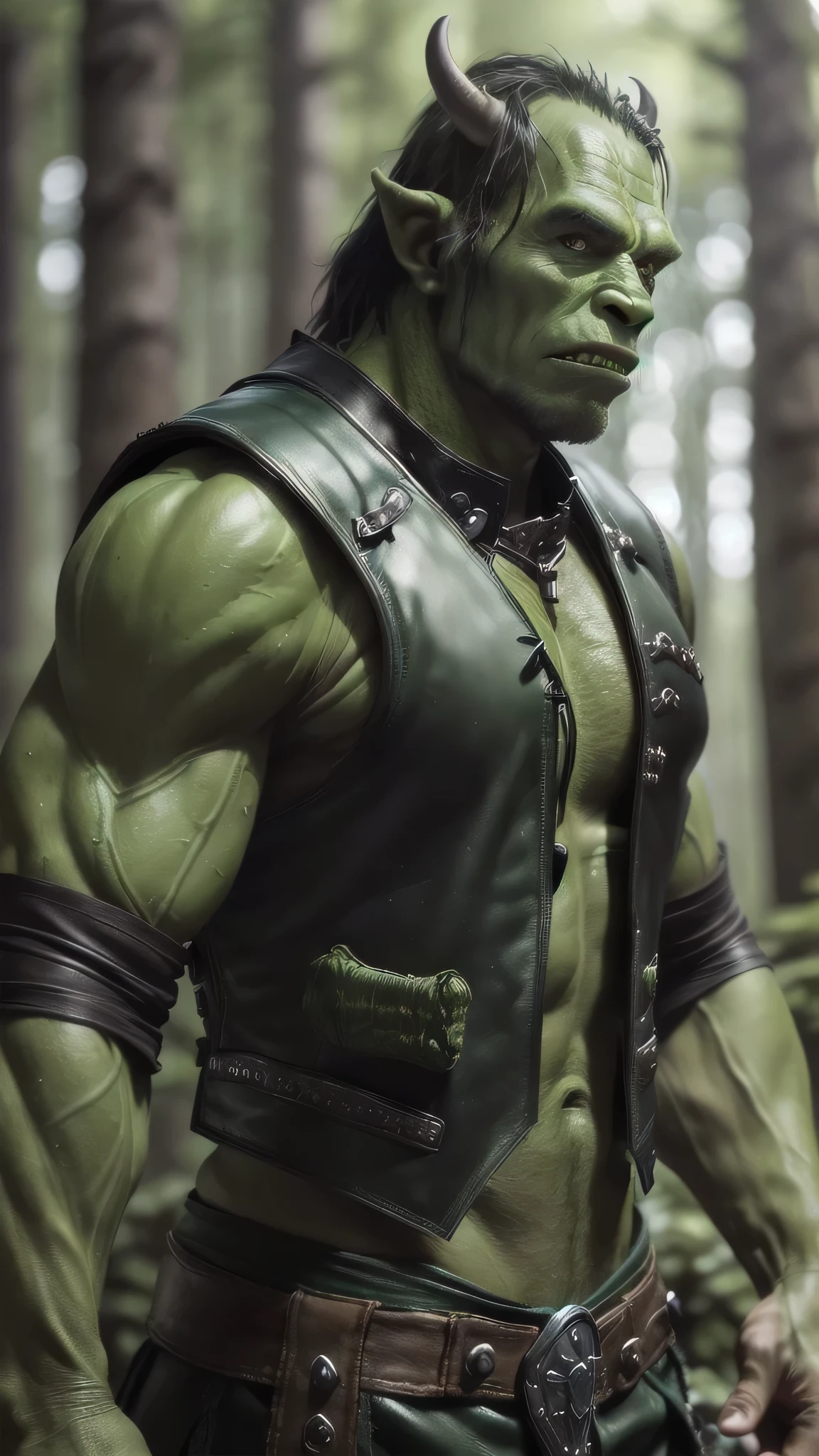 (masterpiece), (extremely intricate:1.3), (realistic), (((scrawny, green skinned orc, ork), black leather vest, moss)), outdoors, metal reflections, ((black forest, tall trees)), professional photograph, soft focus, dramatic, award winning, cinematic lighting, volumetrics dtx, (film grain, blurry background, blurry foreground, bokeh, depth of field), 8K