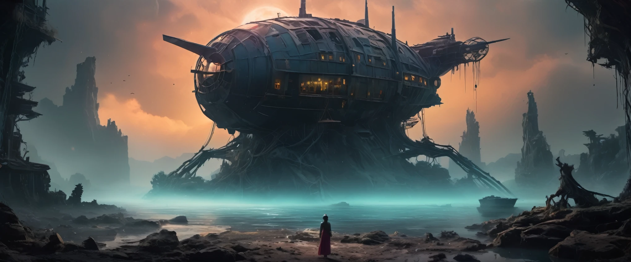 old world world after nuclear war,Intricate and detailed very old clockwork mechanical obsidian alien, (intricate mech details, ground level shot, polished metal, sci-fi, futuristic, Photorealistic, Cinematic, Hyperrealistic, hyperdetailed, splash art, intricately detailed, color depth, colorful background, a masterpiece, 8k resolution, dark fantasy concept art, dynamic lighting,Artstation, deep color, volumetric lighting,full body length,Quartz Lepidolite babygirl in national dress,pretty face,full body shot,ominous landscape,Fluorite chrysocolla atmosphere,by art Simon Stalenhag,Nicola Samori,Wangechi Mutu,prime colors,extremely detailed,masterpiece,intricate details,faded,eyes extremely detailed, high detailed eyes,4k resolution,RAW, Nikon Z9,scary town,full body length,Stone Forest in Yunnan Province of China,ultra-detailed,dark and eerie atmosphere, ethereal presence, hauntingly beautiful, ghostly figures, swirling mists, supernatural entities, demonic essence, shadowy forms, eerie whispers, sinister aura, hauntingly pale skin, dark and twisted branches, flickering candlelight, macabre elements, mysterious and enigmatic, spectral apparitions, gothic art style, hauntingly captivating, spectral realm, hauntingly melancholic, otherworldly beauty, ethereal glow, hauntingly haunting, chilling and atmospheric, eerie and ominous lighting,Impresionismo,starlight color,Fantastic abandoned Ethereal atmosphere,otherworldly charm,Mystic aura,Glowing flowers,floating petal,majestic vines,Glowing Leaves,with a calm expression,Complicated details,Exquisite features,petals in her hair,Light of the sky,harmonious colorystic energy,Surreal atmosphere,Amazing Cleavage,Sublime art,vibrant tones,captivating creationAfter the war,Maritime city,sense of science and technology,The city of the future,Spaceship wreckage,There are giant ships in the sea,Beautiful woman overlooking the ruined city