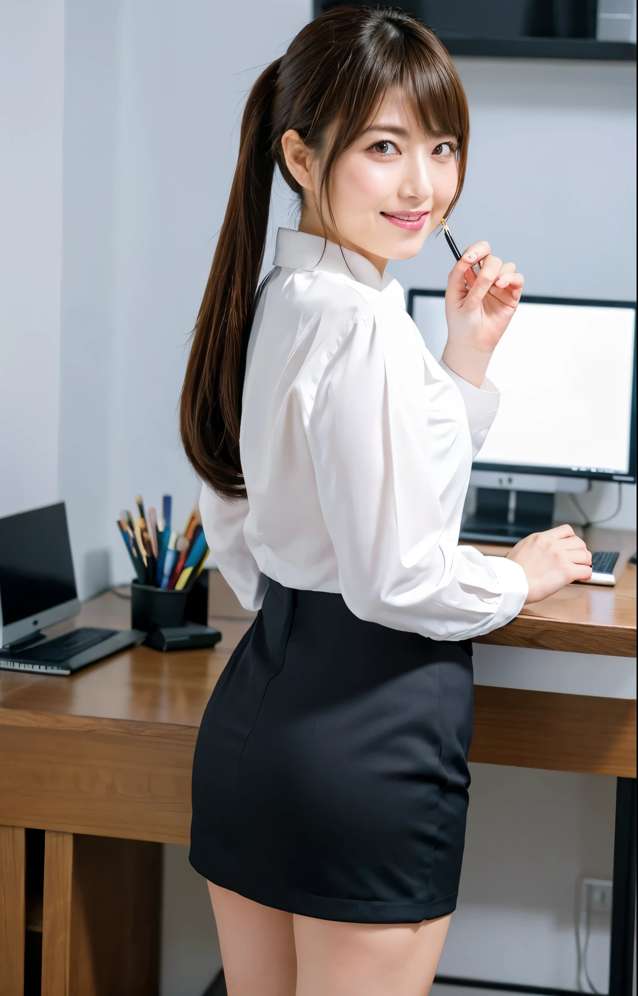 (Best quality, 8k, 32k, Masterpiece, UHD:1.2), from behind, 1 walking girl, beautiy Japanese office lady, (smile:0.5), (looking at the the viewer), 30 years old, bit chubby, white shirt, black skirt, office room, desk, detailed beautiful face, twin-tail hair, from below,