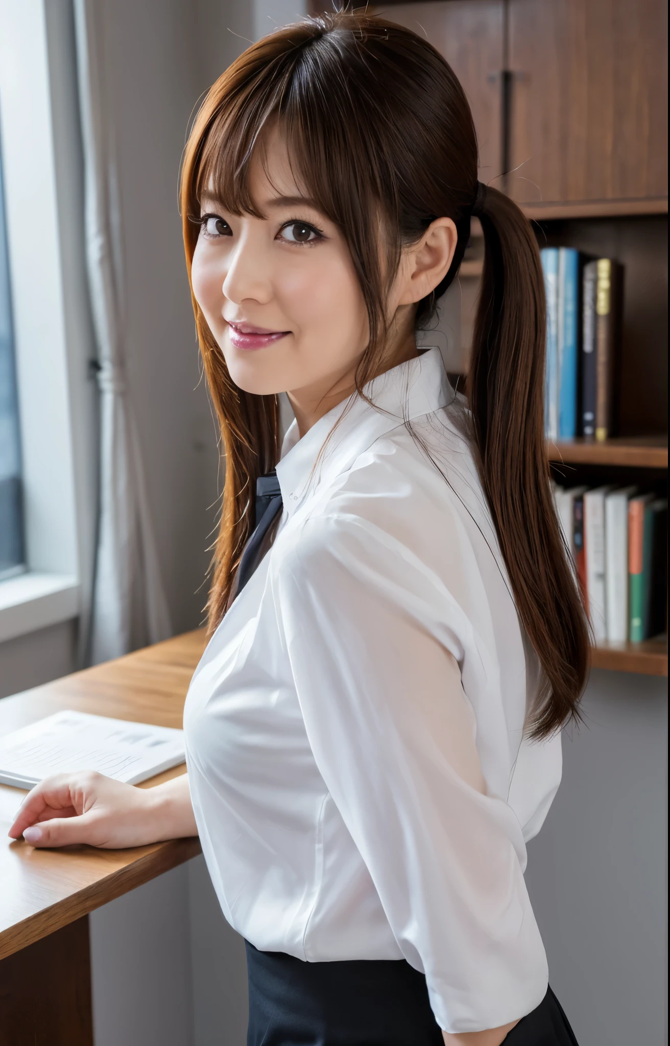 (Best quality, 8k, 32k, Masterpiece, UHD:1.2), from behind, 1 walking girl, beautiy Japanese office lady, (smile:0.5), (looking at the the viewer), 30 years old, bit chubby, white shirt, black skirt, office room, desk, detailed beautiful face, twin-tail hair, from below,