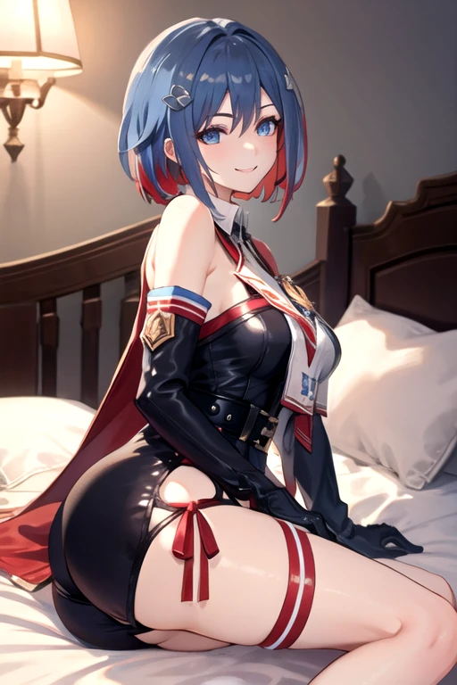 1girl, topaz \(honkai: star rail\), solo, black gloves, thigh strap, hair ornament, unitard, detached sleeves, badge, side cape, belt, cowboy shot, bedroom, depth of field, sitting on side of the bed, reclining, arm support,  gasping, ecstasy, seductive smile, masterpiece, large breasts, thights, ass shape,