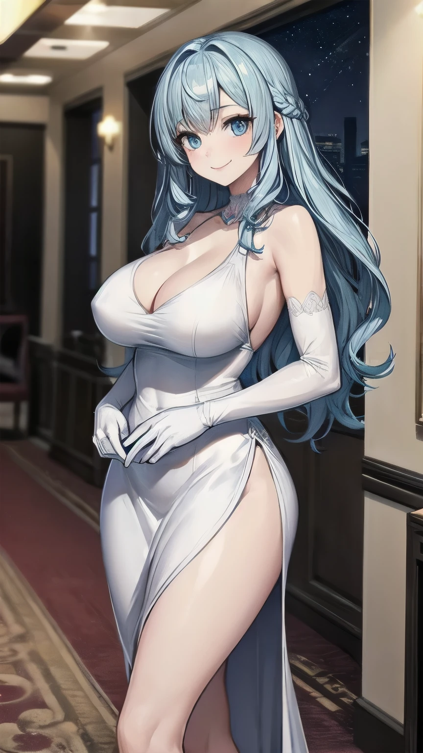 (masterpiece), best quality, emotionless eyes, perfect face, 1girl, solo, huge breasts, smile, blunt bangs, hourglass figure, milf, mother, long hair, wavy hair, (light blue hair BREAK light blue eyes BREAK) lipstick, night dress, yellow dress BREAK red lipstick BREAK shiny dress, elbow gloves, white gloves BREAK standing, closed mouth, fancy lobby, indoors,(crowd, people), female focus, looking_at_viewer, bare shoulders, sleeveless dress, indoors, ((fancy hotel, lobby)), ((sfw))