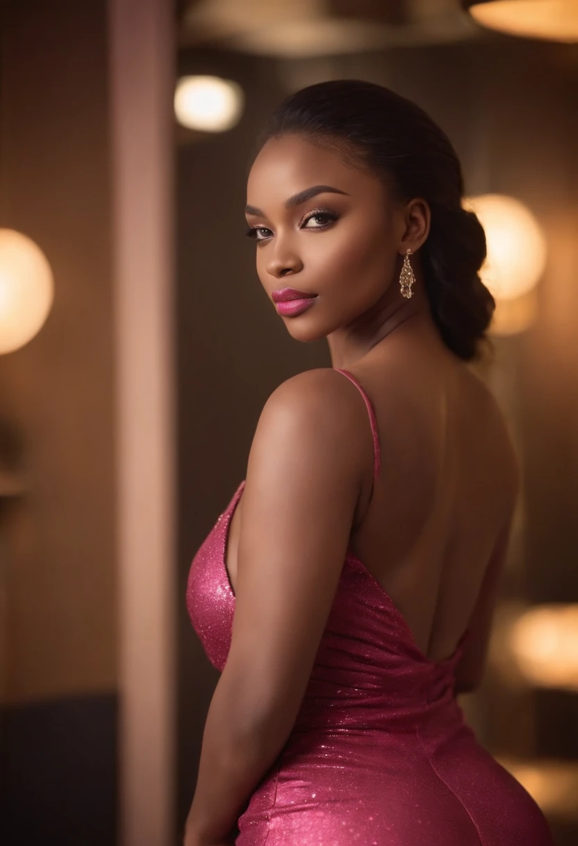(best quality, highres, ultra-detailed:1.2), realistic, African woman with a well-shaped curvy body and a light complexion. She has beautiful, expressive brown eyes and luscious pink lips. Standing confidently in a vibrant night club, she is dressed in a stunning red tight-fitting dress that accentuates her curves. Her outfit perfectly complements her sexy legs and highlights her big booty. With a captivating presence, she embodies elegance and allure. The scene is bathed in atmospheric lighting, with a mix of vibrant colors and subtle shadows, creating a seductive and enchanting atmosphere.