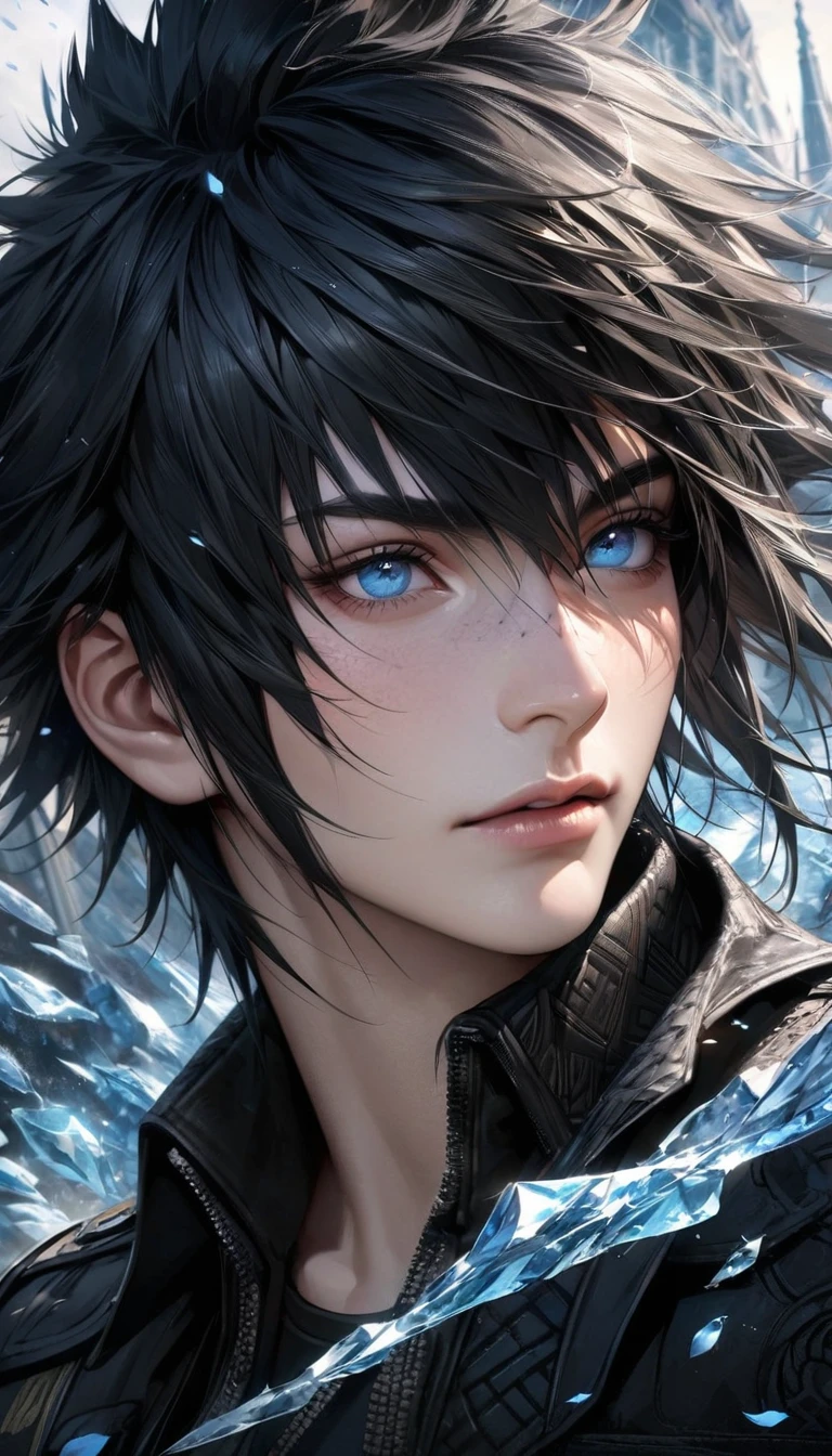 absurdres, highres, ultra detailed, HDR, master piece, best quality, extremely detailed face and eyes, perfect face, realistic face, beautiful eyes, Noctis Lucis Caelum, black hair, expressive blue eyes, Final Fantasy xv, patterns, solo, man, handsome, ice butterflies, ice trees, ice flowers, ice petals