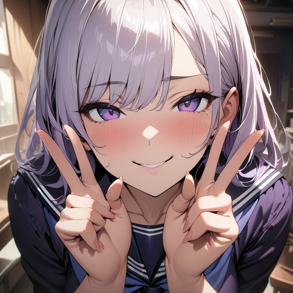 1girl, solo,pov,White hair,purple hair large breasts, portrait, looking at viewer, indoors, depth of field, (masterpiece), (best quality), (ultra-detailed), very aesthetic, illustration, perfect composition, intricate details, absurdres,(Sailor Uniform),(v-v),(hands up),(on face) (Smile),(naughty_face)