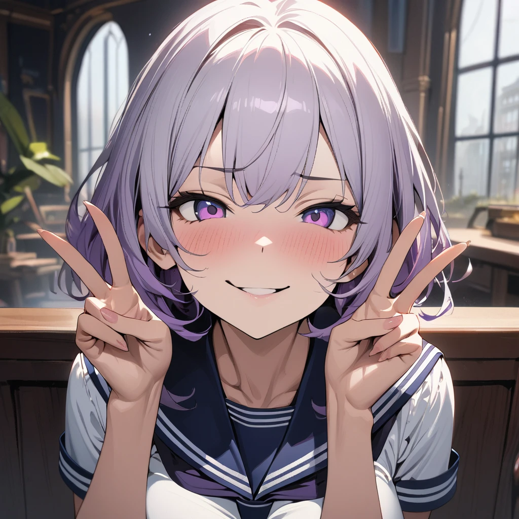 1girl, solo,pov,White hair,purple hair large breasts, portrait, looking at viewer, indoors, depth of field, (masterpiece), (best quality), (ultra-detailed), very aesthetic, illustration, perfect composition, intricate details, absurdres,(Sailor Uniform),(v-v),(hands up),(on face) (Smile),(naughty_face)