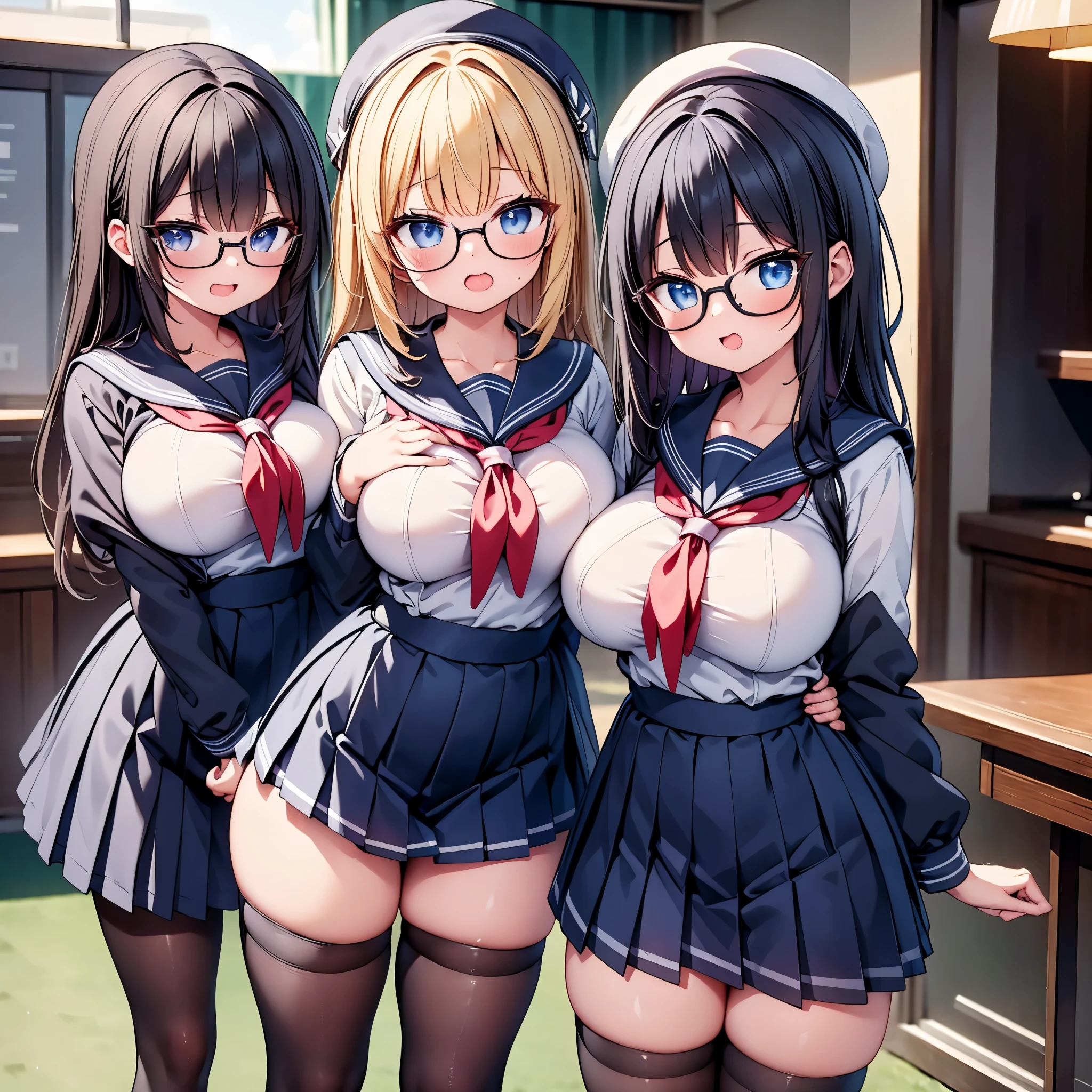 highest quality,wonderful,finely,extremely detailed CG Unity 8K wallpaper, (Stand in line:1.2), (3 girls, cute eyes, Glasses, sailor uniform, clothed), (huge breasts), (open mouth:1.1), (long tongue:1.1), (mouth drool:1.1), (black stockings:1.1),(Thighs:1.2),(Waistline:1.2)