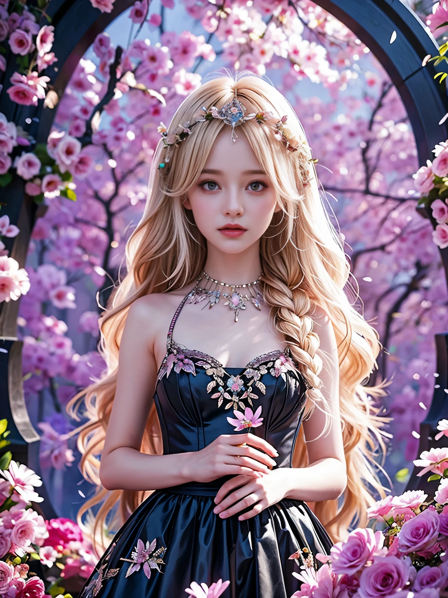 (illustration: 1.3) Beautiful earth，Spring flowers bloom (by Artist Anna Dittman (Anna Dittman): 1), (((masterpiece))), (((better quality))), ((Super detailed)),( Detail Light),((Extremely delicate and beautiful light)), Long blond hair color, Narizzi, Arabian face