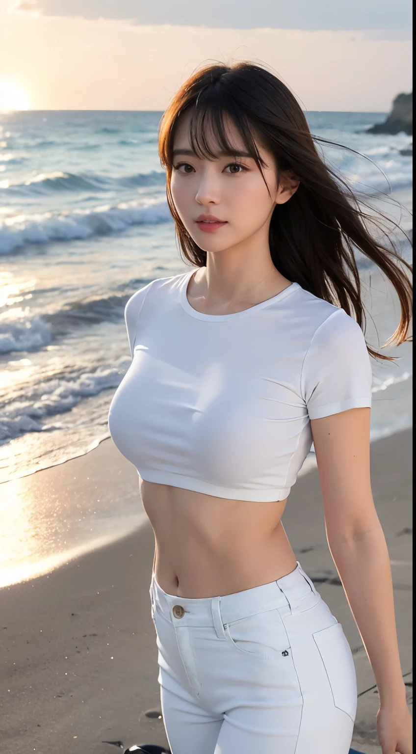 (logo、masterpiece、8k、Tabletop、RAW Photos、wonderful、最high quality、フォトリアリスティックでVery detailedな CG 統合 8k 壁紙、high quality、Very detailed、narrative poem、Particle Effects、Dynamic Effects、Depth of written boundary、Cinematic Light、Lens flare、Ray Tracing)、Fantasy、 (One beautiful woman、White Pants、White T-shirt、White tube top、White crop top、Black-haired、Beautiful Face、True Face、Beautiful details、eye、Beautiful Skin、Ultimate Body、glamorous)、私の髪はWindに舞う、Hair flutters in Wind、Hair bounces、Seaside、wonderful景色、coastal、sunrise、Sun in the background、Wind、Beach