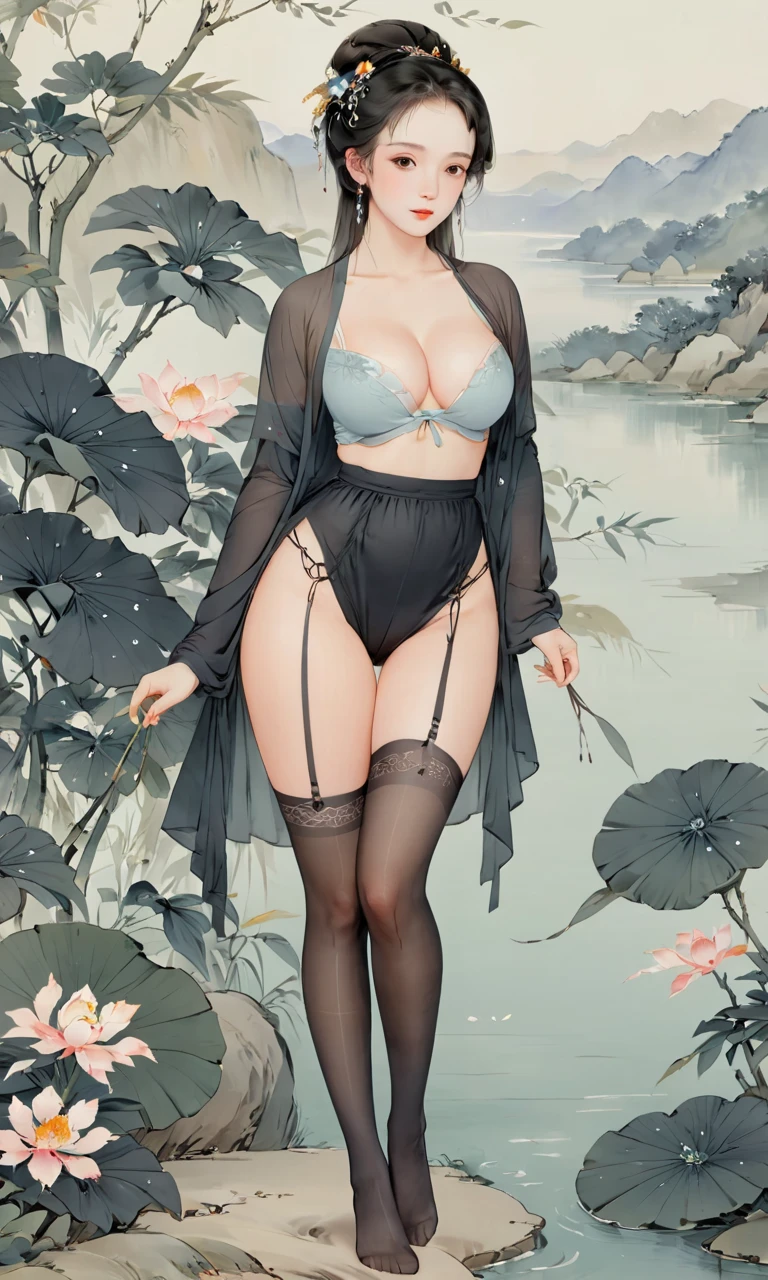 8k, masterpiece, best quality, two-dimensional, (Chinese traditional ink painting:0.2) 1girl, (perfect hands:1.4), (seethrough black pantyhose:1.4)，Wearing seethrough thin hanfu miniskirt，The black pantyhose on the legs are exposed，, (huge , big thick thighs:1.8), River in the background，koyama，bamboos, flowers on the background,
