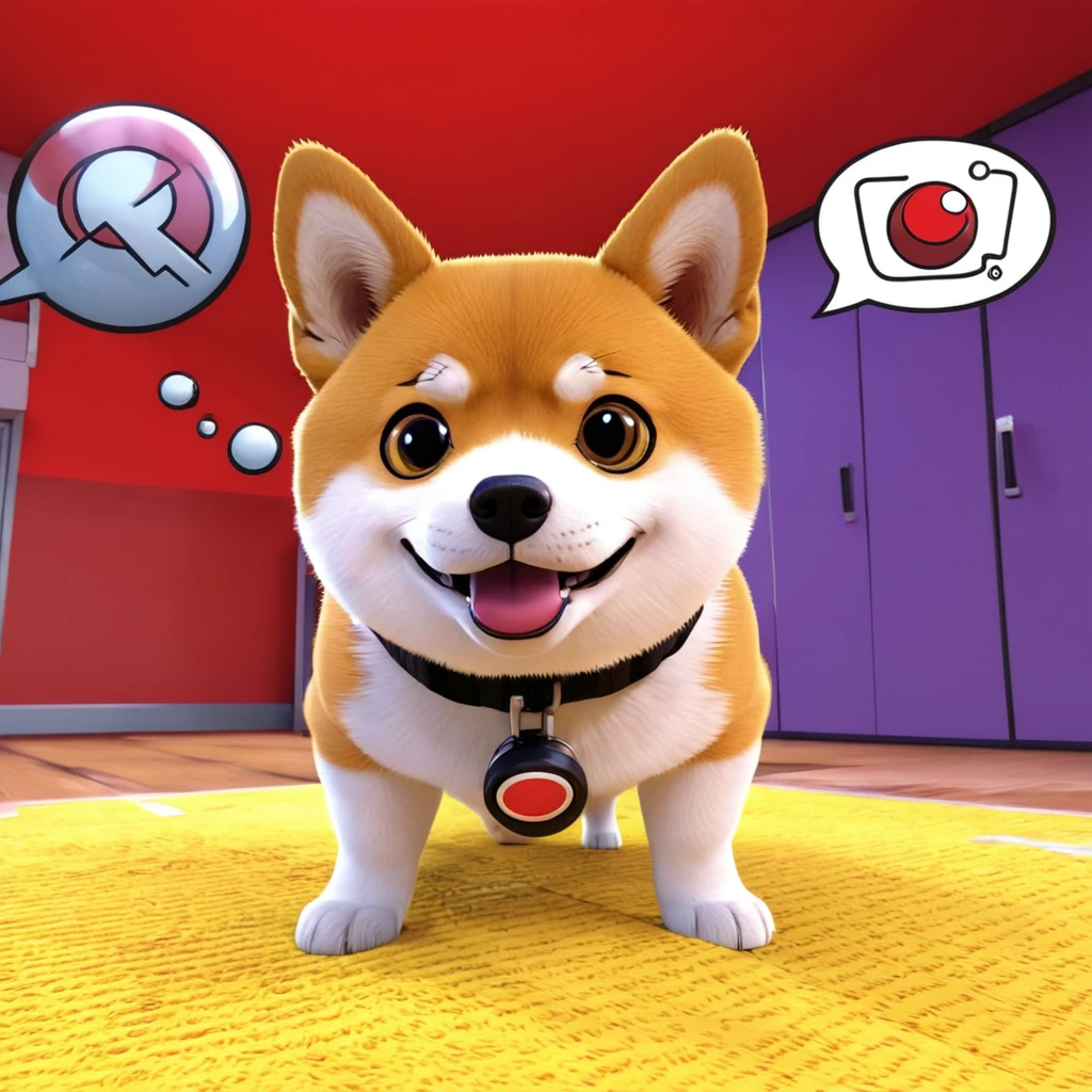 confused Shiba Inu,sniffs,poke ball,Jessie,team rocket,annoyed,intricate facial expression,struggling to understand,curious eyes,inquisitive snout,doubtful expression,playful surroundings,fun and colorful environment,anime style,detailed fur texture,vibrant colors,expressive body language,comical gestures,humorous atmosphere,puppy nose,fluffy ears,adorable look,interactive scene,poke ball design resembling team rocket logo,clever prop usage,stylized characters,dialogue bubbles,comic book style,surprised reactions,whimsical background elements,comical visual effects,(best quality,highres),lively and dynamic,attention to detail,vibrant lighting,contrasting colors