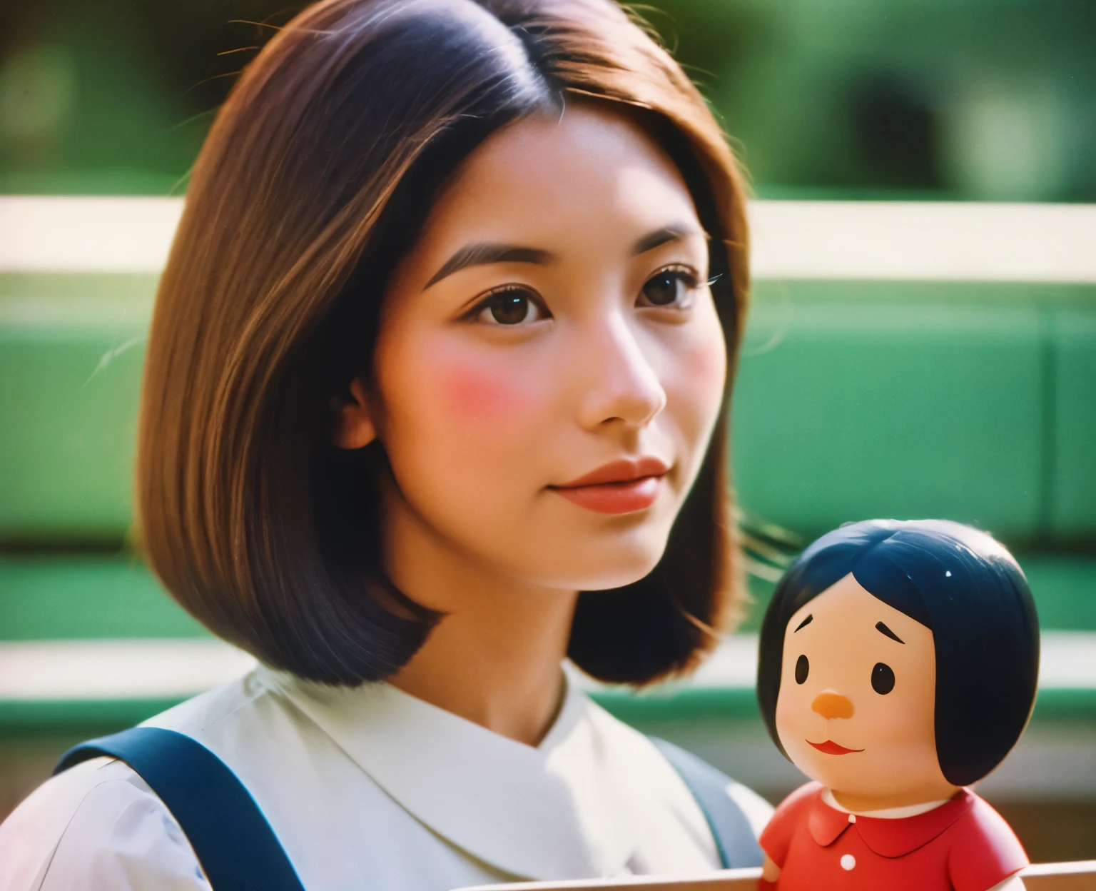 color unsharp masking quality. A human dachshund hybridization woman. Japanese. thick outline. blurry photo. color slide film. 1958.