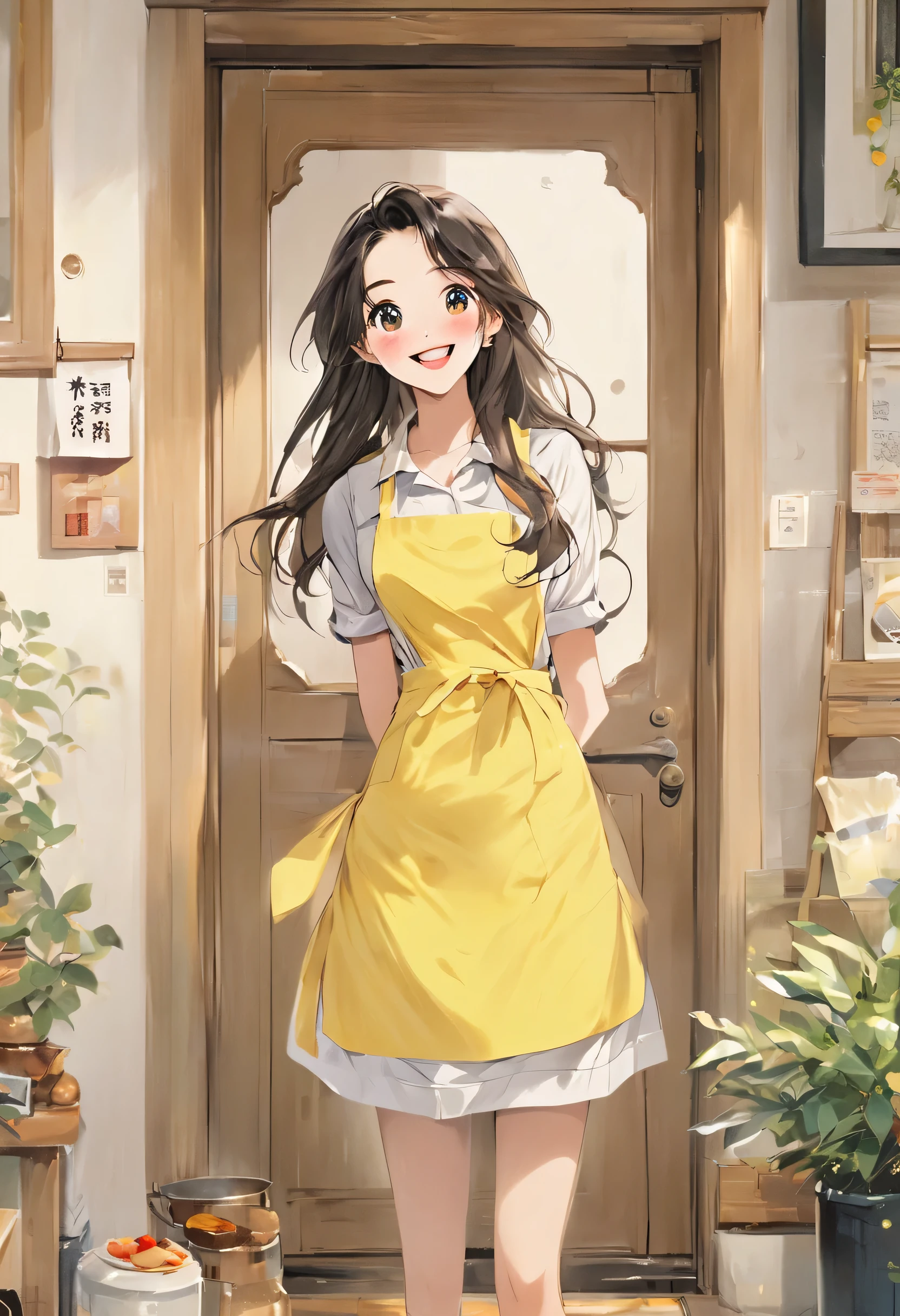 masterpiece、Mastepiece、22 year old anime girl、smile、Long Hair、Clear eyes、Apply lipstick、Adult women、Wear a yellow apron、Apron with chick design、Full Body Shot、The background is the door of the apartment