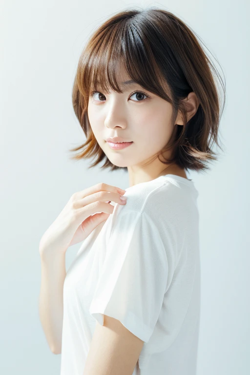 Short Hair, Top quality, 1 beautiful Japanese　woman, age 28, white T-shirts, 35mm lens, f/1,Perm Hair, (white background: 1.3)key Light,Upper Body