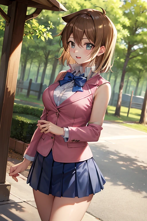 masterpiece, best quality, highres, 1girl, solo, aamazaki, (antenna hair:1.2), medium breasts, blue bowtie, pink jacket, blazer, long sleeves, blue skirt, pleated skirt, ta1, white jacket, sleeveless, blue skirt, fingerless gloves, large breasts, happy, cowboy shot, outdoors, forest 