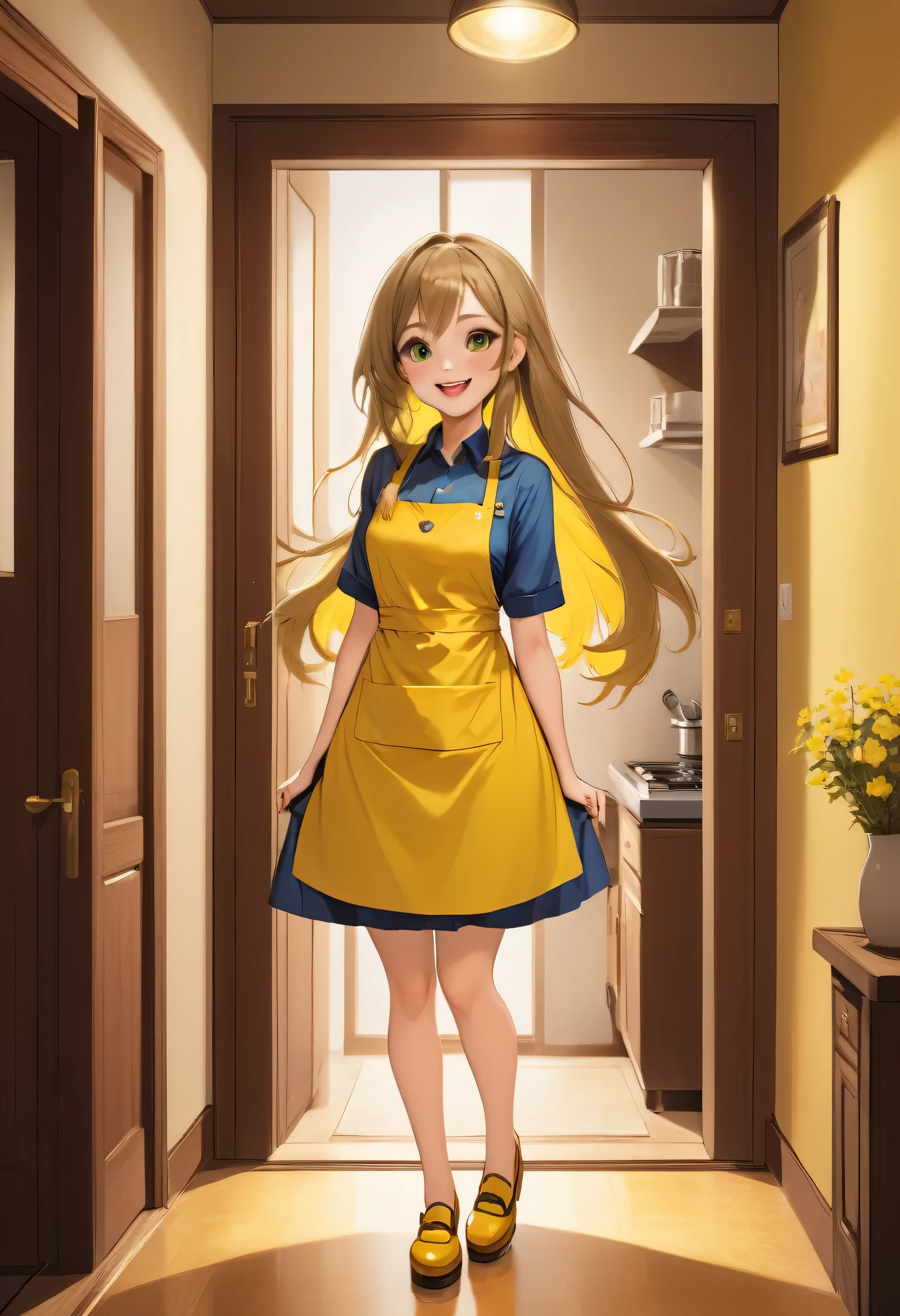 masterpiece、Mastepiece、22 year old anime girl、smile、Long Hair、Clear eyes、Apply lipstick、Adult women、Wear a yellow apron、Apron with chick design、Full Body Shot、The background is the door of the apartment