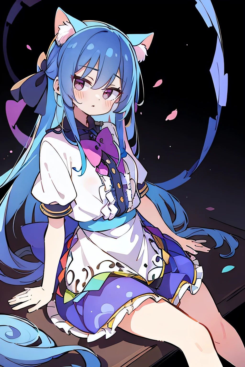 (masterpiece:1.2),ultra-detailed,realistic,expressive eyes,fair-skinned,perfectly shaped face,1girl,
Japanese cartoons,Gorgeous blue hair, flowing blue hair,floating clothes,cat ears,petals falling,beautiful Lola,Hina Angel,
hands on waist,gracefully sitting on the ground,legs crossed,gentle and serene background,cool and comfortable pavilion,shy face ,night .