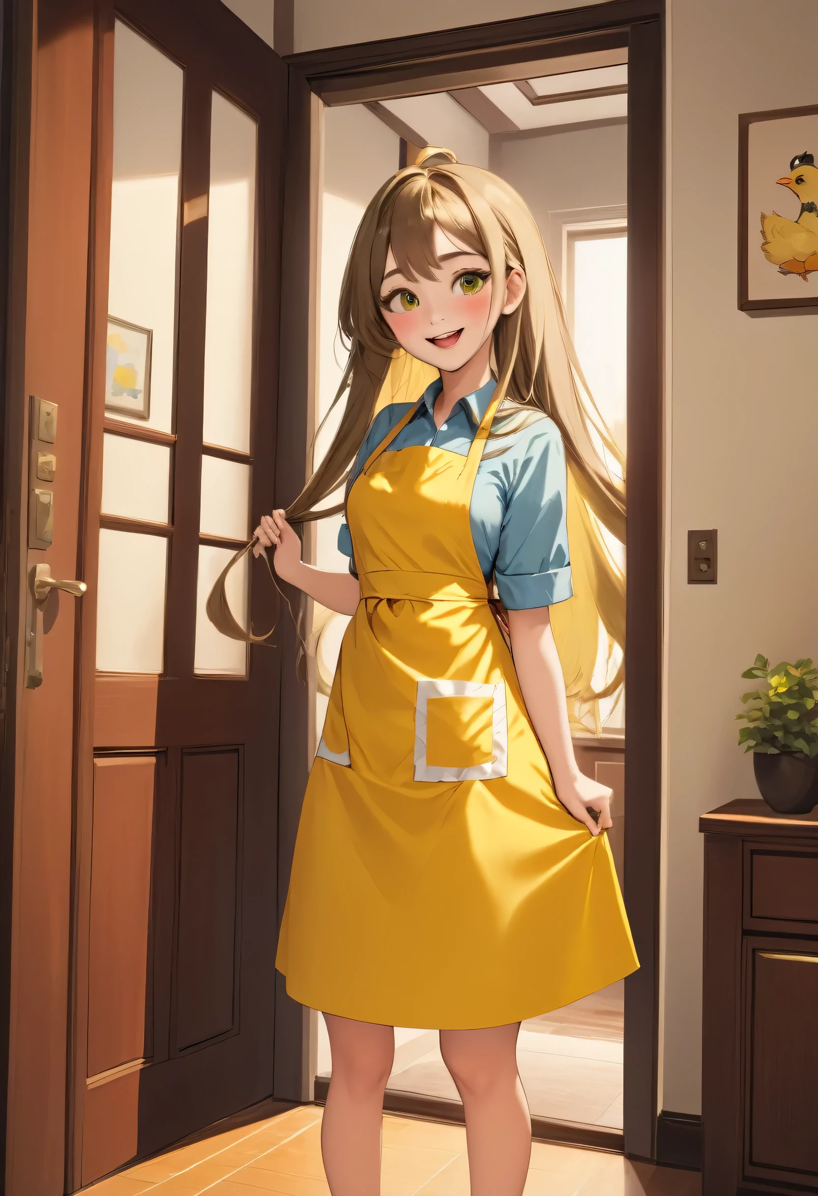 masterpiece、Mastepiece、22 year old anime girl、smile、Long Hair、Clear eyes、Apply lipstick、Adult women、Wear a yellow apron、Apron with chick design、Full Body Shot、The background is the door of the apartment