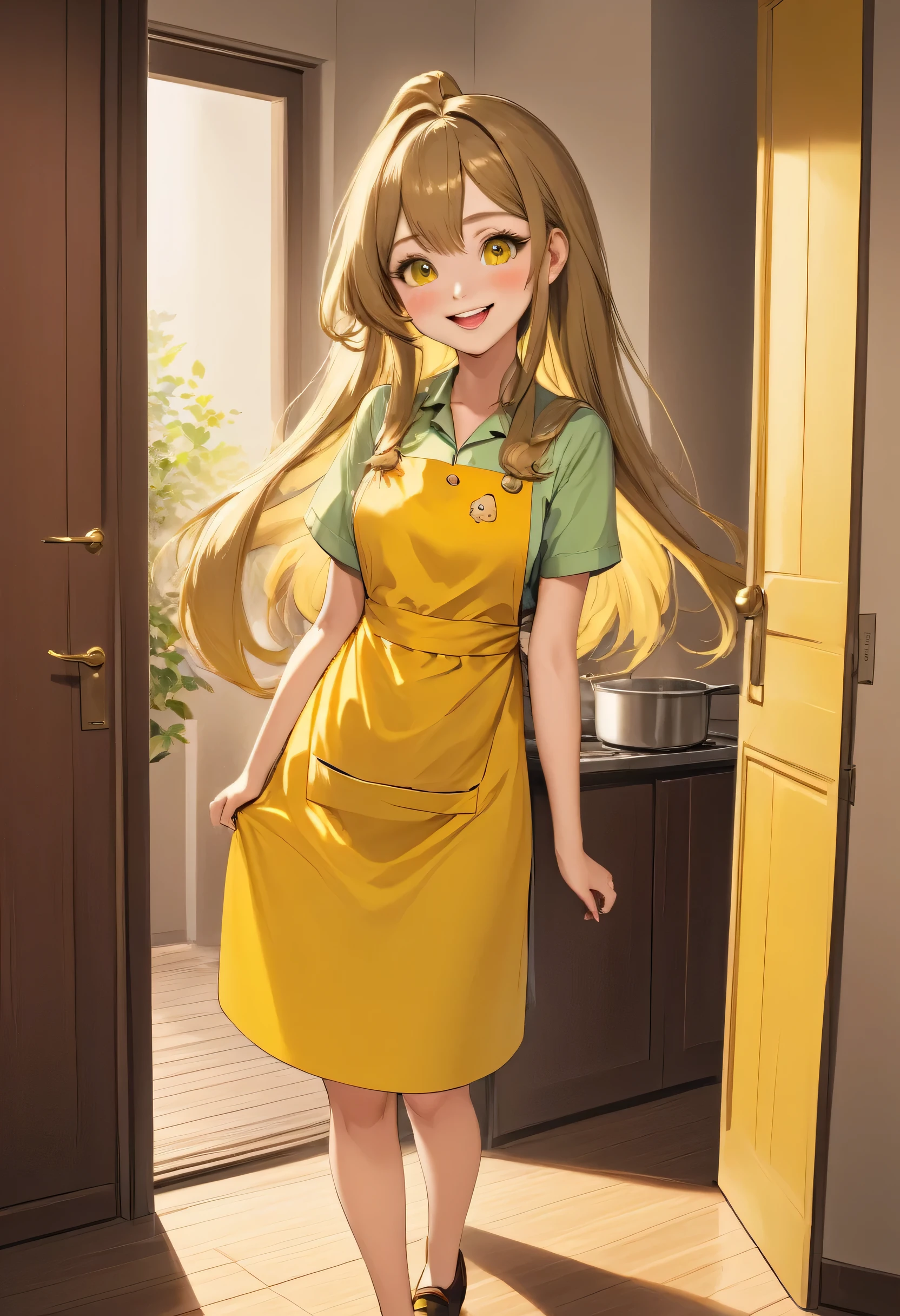 masterpiece、Mastepiece、22 year old anime girl、smile、Long Hair、Clear eyes、Apply lipstick、Adult women、Wear a yellow apron、Apron with chick design、Full Body Shot、The background is the door of the apartment