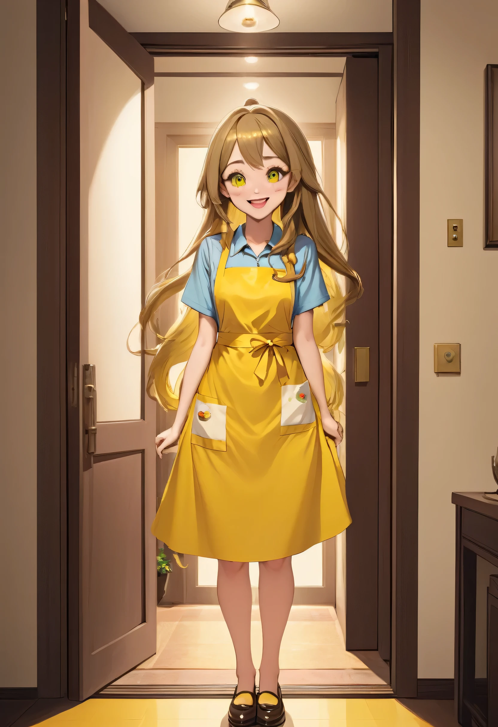 masterpiece、Mastepiece、22 year old anime girl、smile、Long Hair、Clear eyes、Apply lipstick、Adult women、Wear a yellow apron、Apron with chick design、Full Body Shot、The background is the door of the apartment