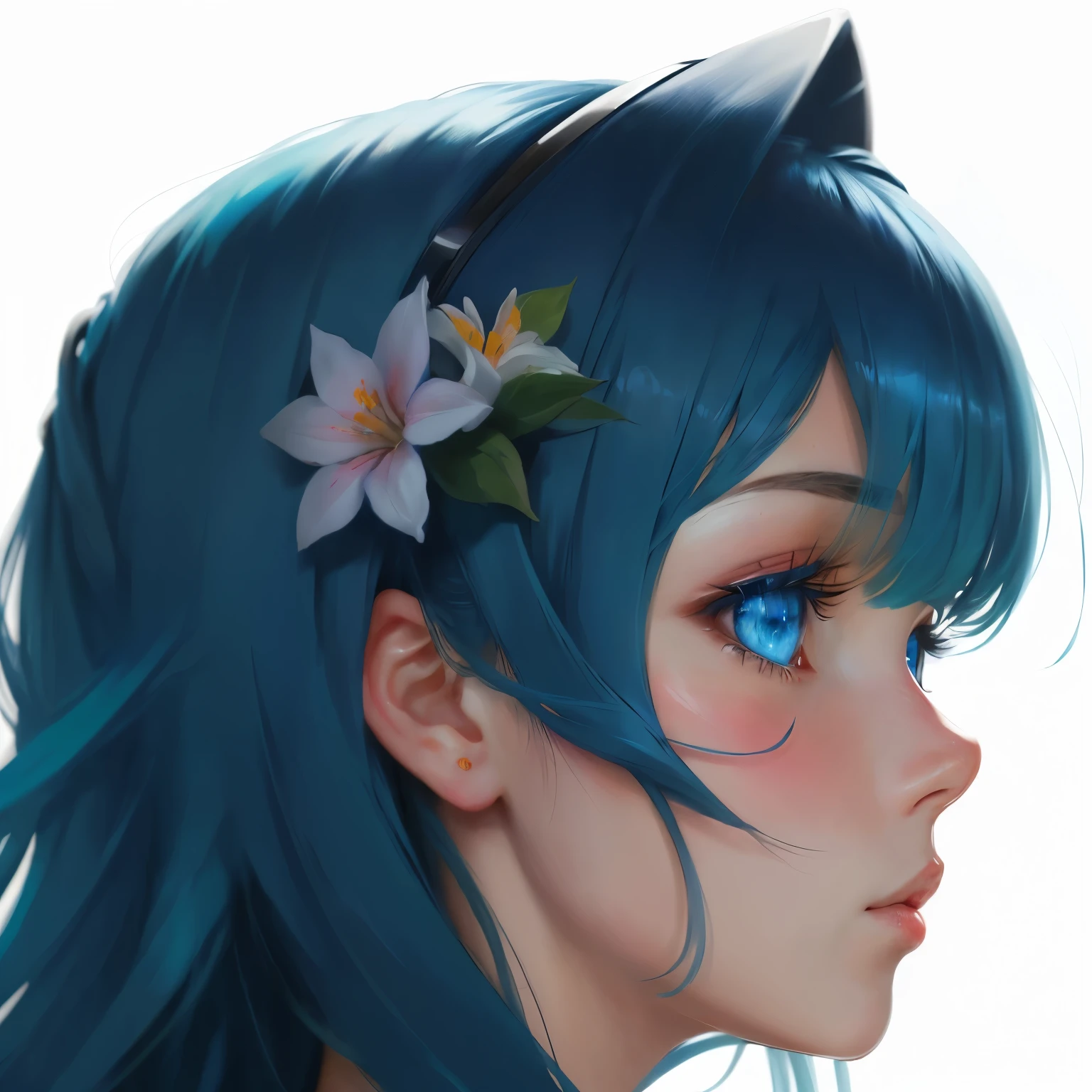 Anime girl with blue eyes and flowers in her hair, Sad blue eyes, Anime Girl Profile, portrait, face, Painted in an anime artist's studio, Anime Moe Art Style, Created by Anime Painter Studio, Turquoise hair anime girl, Realistic anime art style, fairy