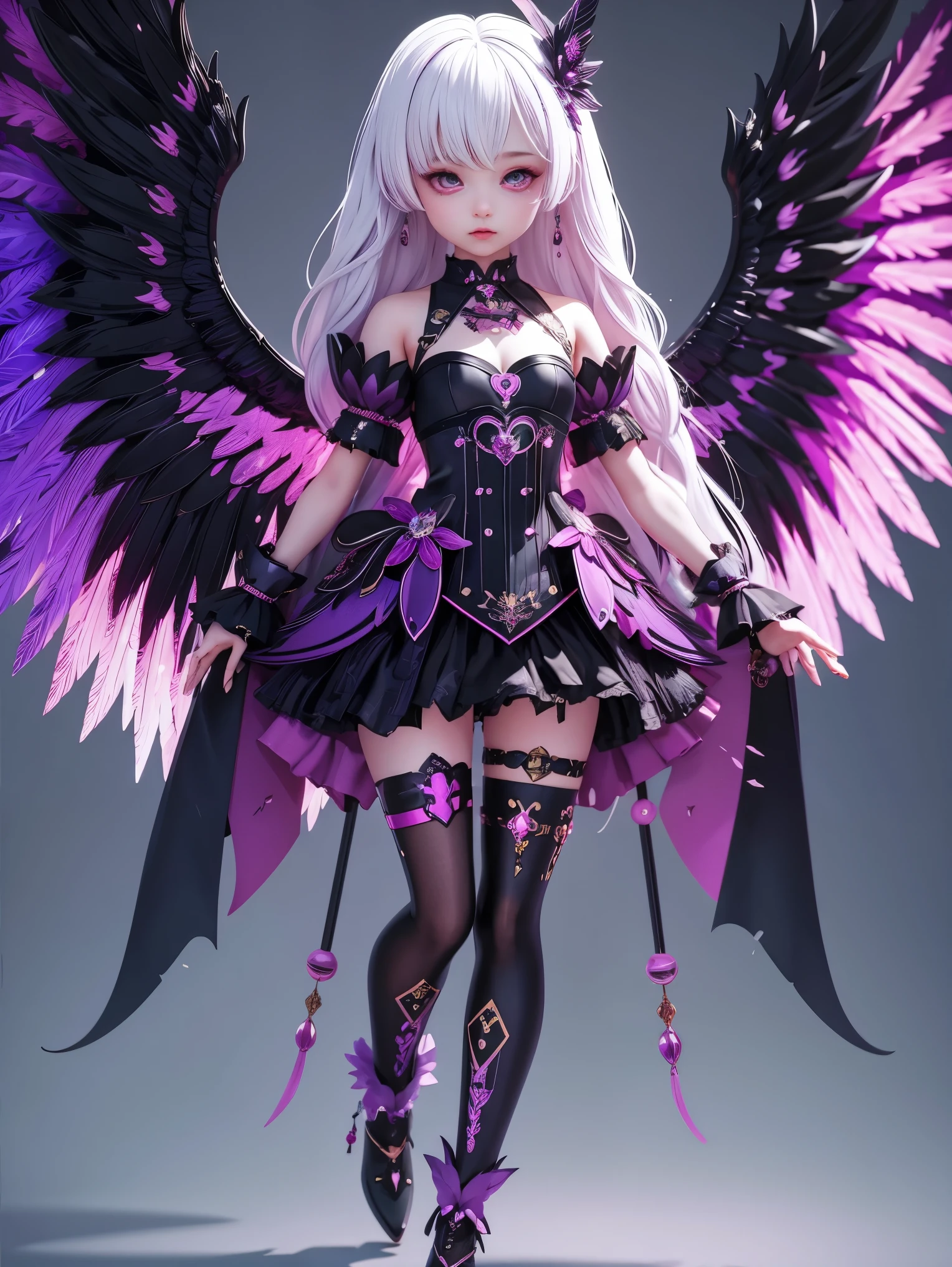 (Vision:1.5), 1 Girl, Solitary, White hair, Black Wings, wearing purple clothes, Decorated with pink hardware, anime style character, (whole body:1.5), Various postures, Black rainbow foil and dark purple gradient effect.It has exquisite details, Ultra-clear resolution, And cute cartoon characters