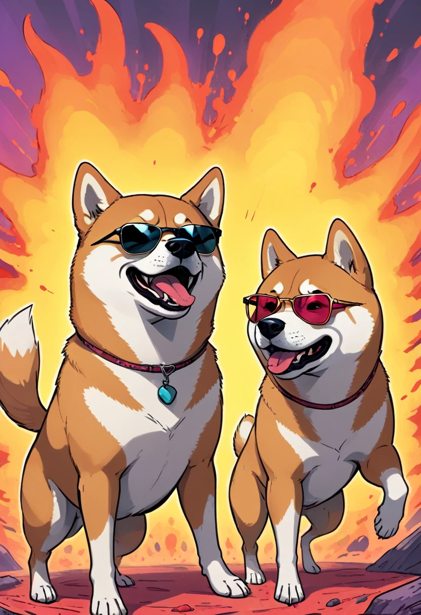 wordless redraw splash page cel shaded cinematic overjoyed unhinged overwhelming vile stanky boogie dance, duo sunglasses wearing shiba inu doggos, dancing on top of inferno meme, visually hilarious, cohesive, intense meme that conveys overwhelming joy, cel shaded overjoyed vile stanky boogie dancing, overwhelming cohesive intense hilarity surreal silly meme, duo of shiba inu doggos, super serious stare down, trying to make funny face to make the other laugh, both doggos have unknown unhinged postmeme beyond comprehension silly face expression, excessive surreal abstract overwhelming intense humor style,, single image, unified 90's comic coloring, rich hues with shading depth