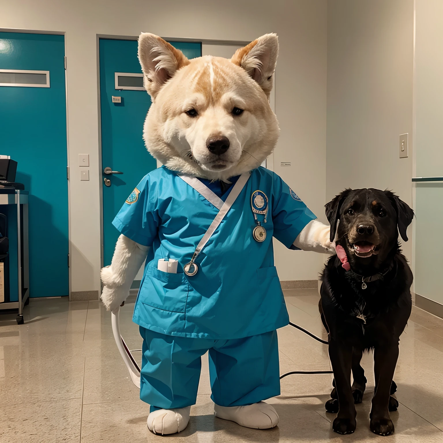 An animal mascot representing a health guardian in a medical uniform
