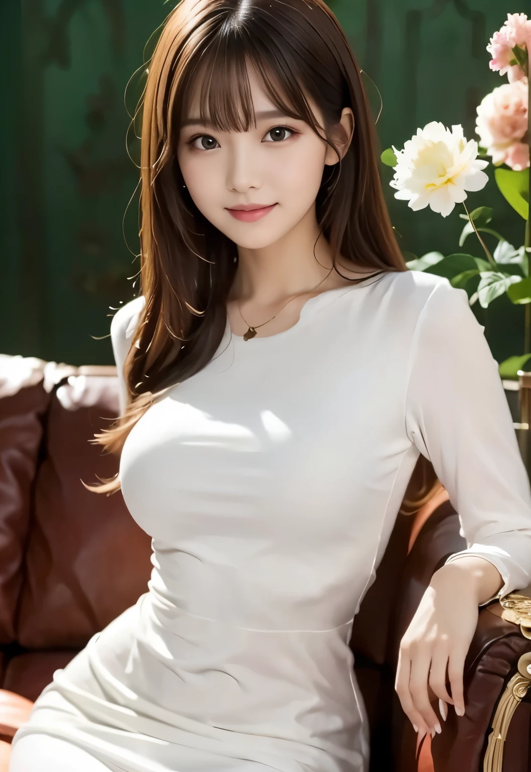 masterpiece, best quality:1.1), (8k, raw photo, photo realistic:1.2, f22), (shiny skin), detailed skin,long hair,detailed face, detailed eyes, smile,BREAK, real world, intricate details, smil, BREAK, 1girl, (White long sleeve dress), BREAK, (sofa, background with flowers:1.4), BREAK