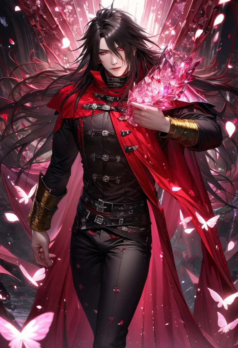 Ultra detailed, HDR, Highres, absurdres, master piece, Vincent Valentine, expressive red eyes, black hair, Final Fantasy Dirge Of Cerberus, red cape with patterns, black tight shirt, pink glittering butterflies, pink ice, petals, pink ice glass flowers, sexy man, solo, extremely detailed face and eyes, extremely handsome, glittering, glittering eyes, realistic face,