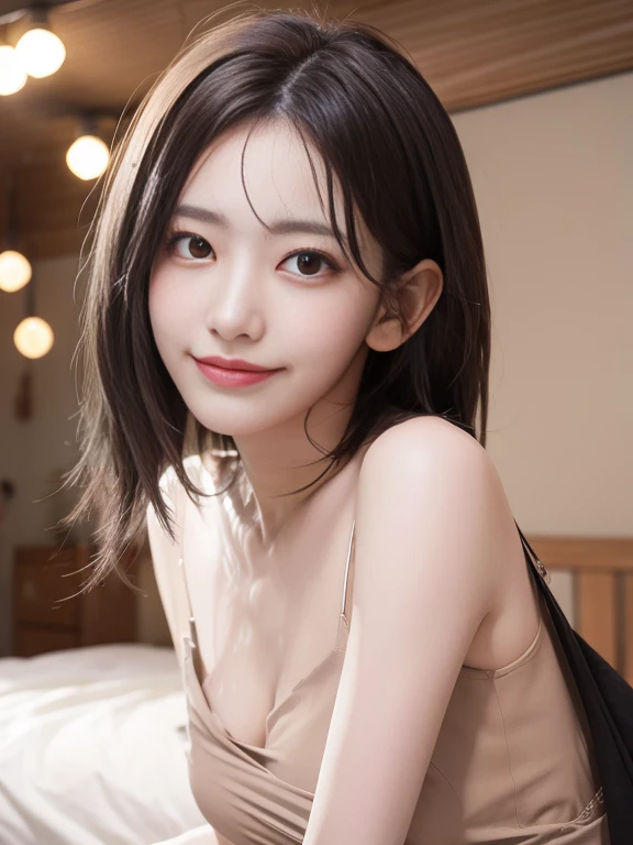 highest quality, masterpiece, Ultra-high resolution, (photo Realistic:1.4), (Depth of written boundary), Realistic, professional Lighting, Physically Based Rendering,
1 Japanese girl, (Satisfied smile:1.2), Cinematic Light,Detailed ink splashes, Only the upper body and head can be seen, Looking at the audience, Focus on the eyes, squat, Incredibly detailed, Narrow waist, 19 years old, Disheveled long hair, Reverse hair, Asymmetrical bangs, Light brown hair, Hair blowing in the wind, So beautiful, Happy, Very fine grain, Delicate arms and hands, Cleavage cutout, Perfect and delicate limbs, Detailed eye of beauty, Real skin texture, (Black camisole), Too much exposure, Detailed painted fabric, Blurred Background, indoor, bed, Lighting,