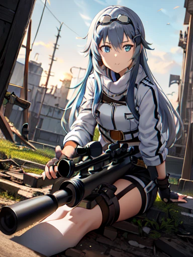 masterpiece, highest quality, High resolution, One girl, Chinon 1, scarf, Fingerless gloves, Long sleeve, Black shorts, hair ornaments, Valletta, White fluffy jacket, Have a weapon, sniper rifle, Remains, Looking through the scope＿Lying down, （Sword Art Online）, Looking through the scope、 Use a sniper, sniper rifleを持つ, Looking through the scope, sniper rifleのLooking through the scope, photograph,, Collapsed building, Remains、wilderness，Silver Hair，long hair，Wearing goggles on his head