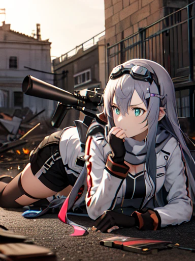 masterpiece, highest quality, High resolution, One girl, Chinon 1, scarf, Fingerless gloves, Long sleeve, Black shorts, hair ornaments, Valletta, White fluffy jacket, Have a weapon, sniper rifle, Remains, Looking through the scope＿Lying down, （Sword Art Online）, Looking through the scope、 Use a sniper, sniper rifleを持つ, Looking through the scope, sniper rifleのLooking through the scope, photograph,, Collapsed building, Remains、wilderness，Silver Hair，long hair，Wearing goggles on his head