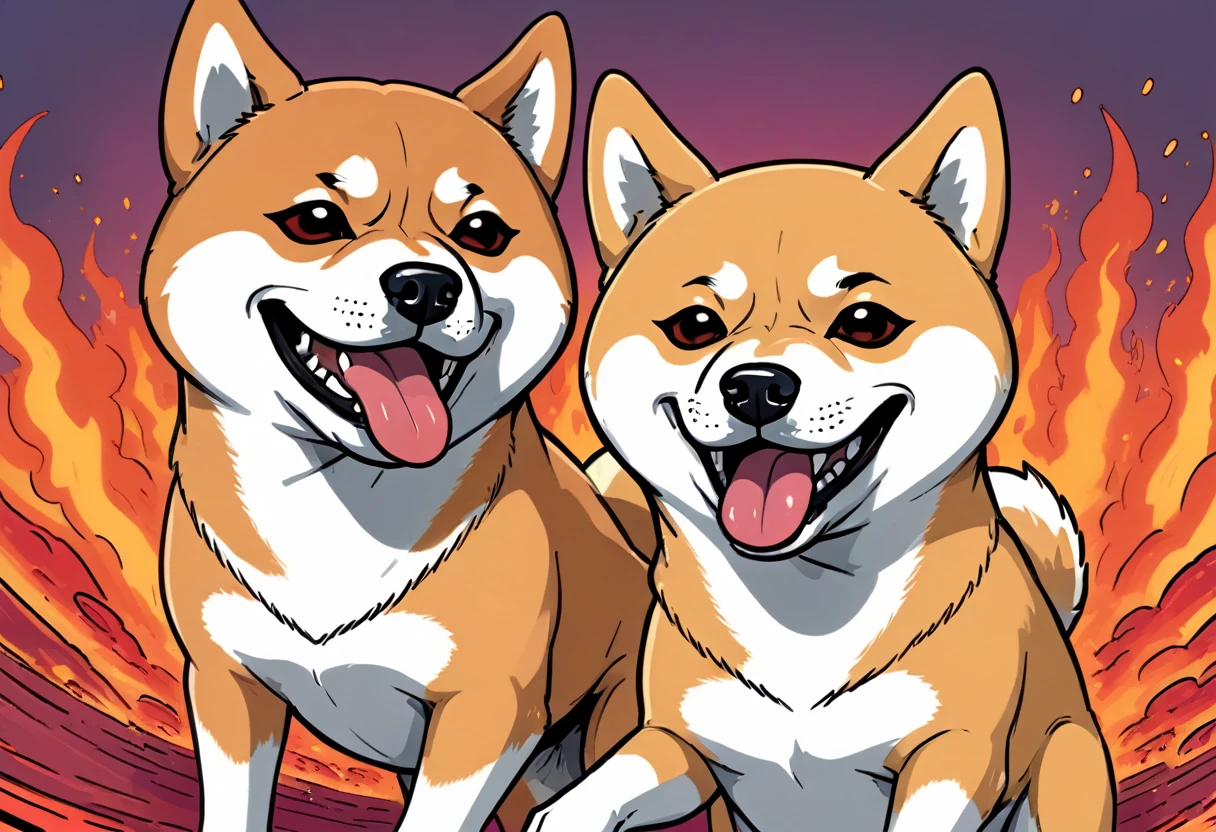 wordless redraw splash page cel shaded cinematic overjoyed unhinged overwhelming vile stanky boogie dance, duo sunglasses wearing shiba inu doggos, dancing on top of inferno meme, visually hilarious, cohesive, intense meme that conveys overwhelming joy, cel shaded overjoyed vile stanky boogie dancing, overwhelming cohesive intense hilarity surreal silly meme, duo of shiba inu doggos, super serious stare down, trying to make funny face to make the other laugh, both doggos have unknown unhinged postmeme beyond comprehension silly face expression, excessive surreal abstract overwhelming intense humor style,, single image, unified 90's comic coloring, rich hues with shading depth


