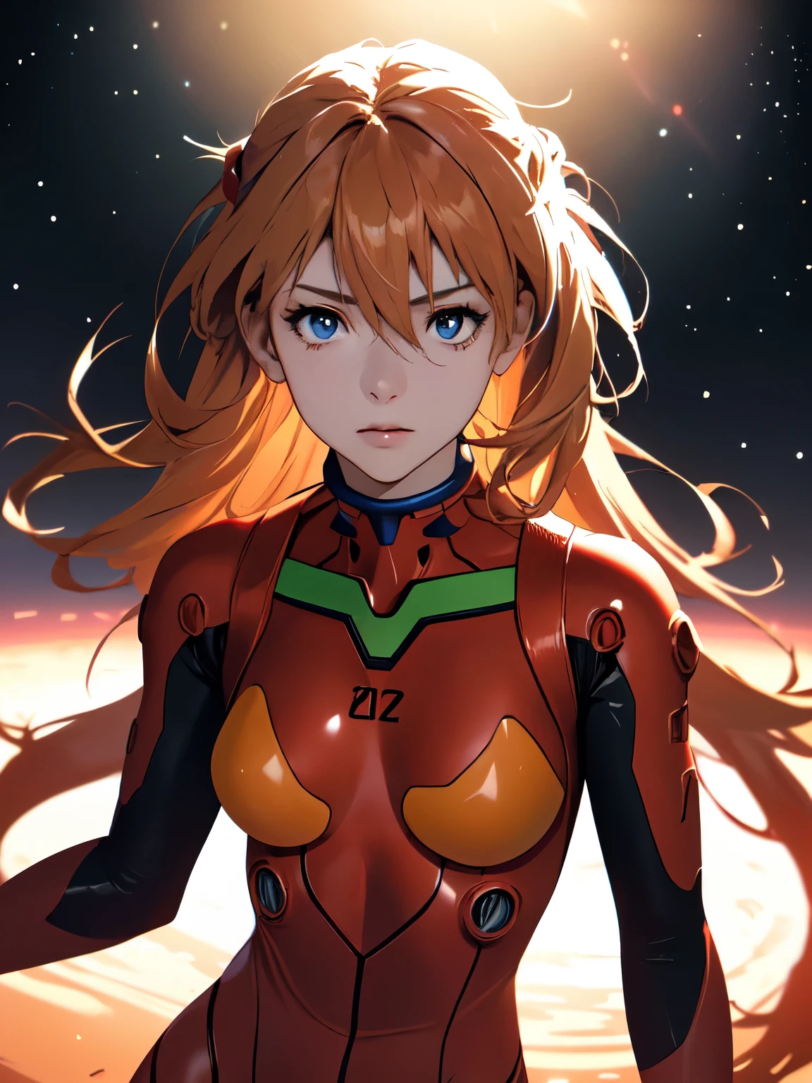 (masterpiece, highest quality), One girl, Beautiful Face, Beautiful body, souryuu_Asuka_Langley, Plug Suit, Bodysuits, Interface Headset, red Bodysuits, Hair between the eyes, Pilot Suit,((Show your whole body:1.5)), The background is space (Amazing details, Excellent lighting, Wide-angle), Cowboy Shot