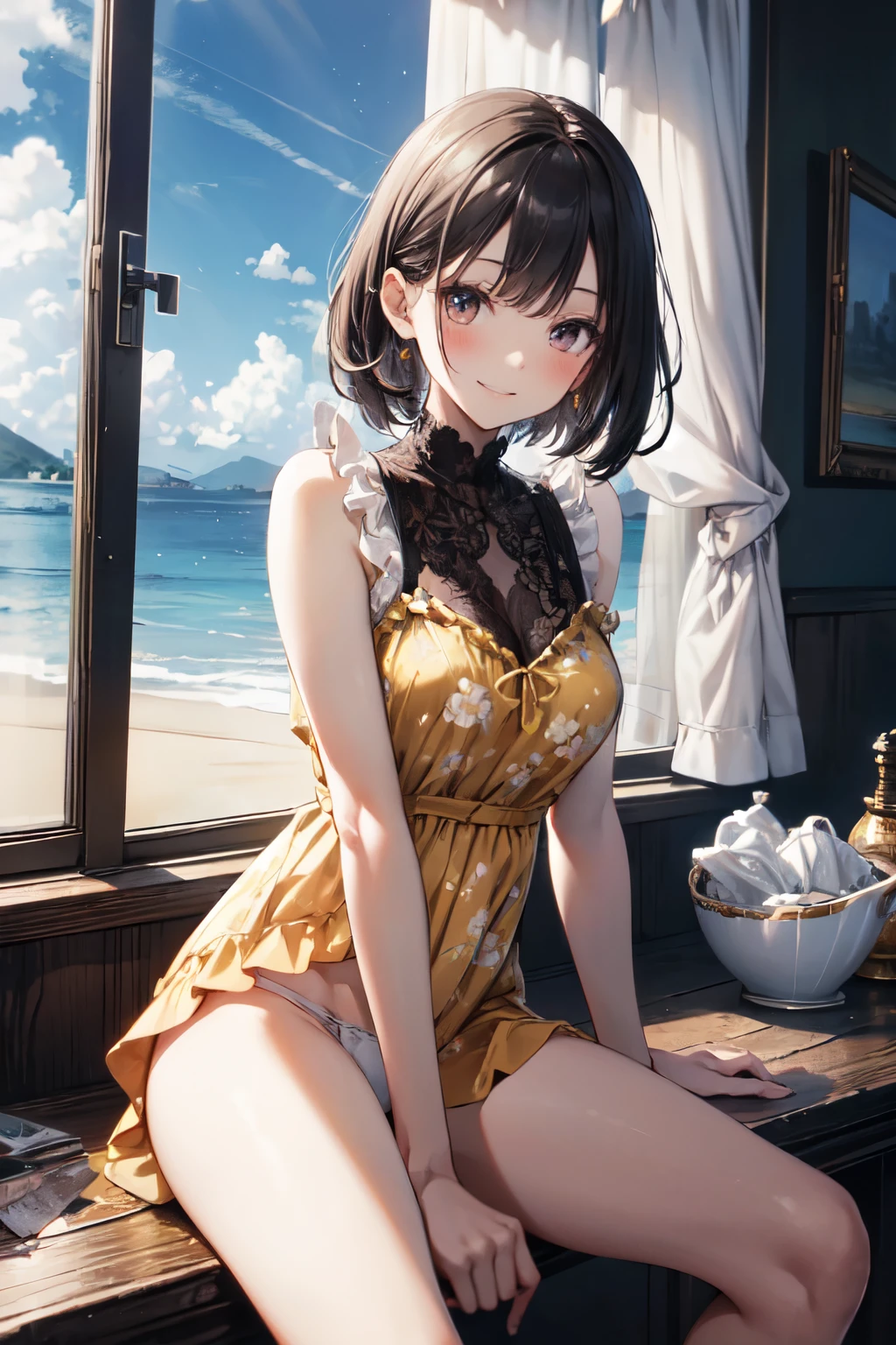 very cute and beautiful girl sitting near window,
(floral yellow summer dress with detailed frills),sleeveless,detailed lace,(spread legs,white panties),
(highly detailed beautiful face),antique hotel bedroom with outside view,distant trees and ocean,
(smile),blush,medium hair,black hair,
(best quality,masterpiece:1.0),absurdres,highres,ultra-detailed,extremely detailed,32k,8k resolution,
intricate details,cinematic scene,detailed background,solo,dynamic angle,
natural lighting,light particles,beautiful detailed sky,realistic,