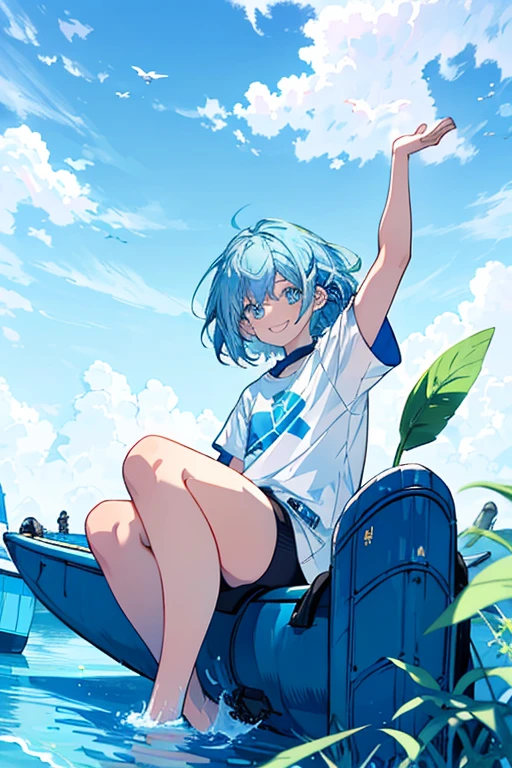One girl with light blue hair and light blue eyes, dressed in a large size white T-shirt under the vivid neon background, sits on the grassy shoreline with a short bob, smiling and signaling to someone as a blue plane soars overhead in the real, high resolution image. The girl's detailed limbs are flexibly depicted, and her smile is cute and wide open. The blue sky is dotted with fluffy clouds, adding to the serene and calming atmosphere of the scene.
