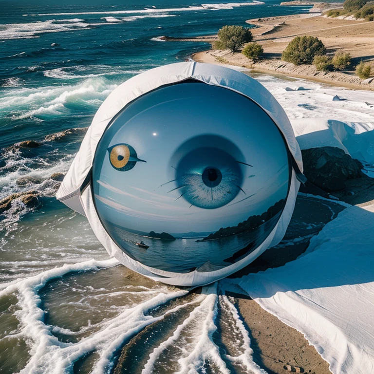 A landscape with a giant eye in the sky and a river of white sheets with flying fish (counterfeid-v3.0)