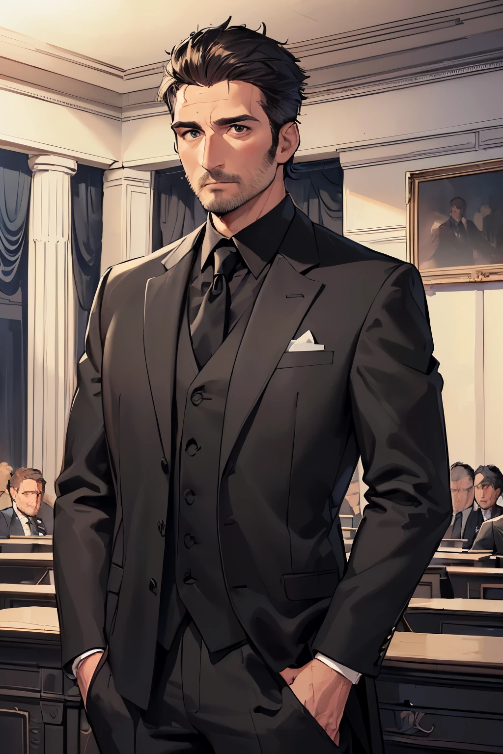 ((best quality)), ((masterpiece)), (detailed), ((perfect face)), (((handsome 40 year old man in centre))), (((stubble))), (((full black suit))), (((plain white wall behind man))), (((blank expression))), (((view from across desk)))